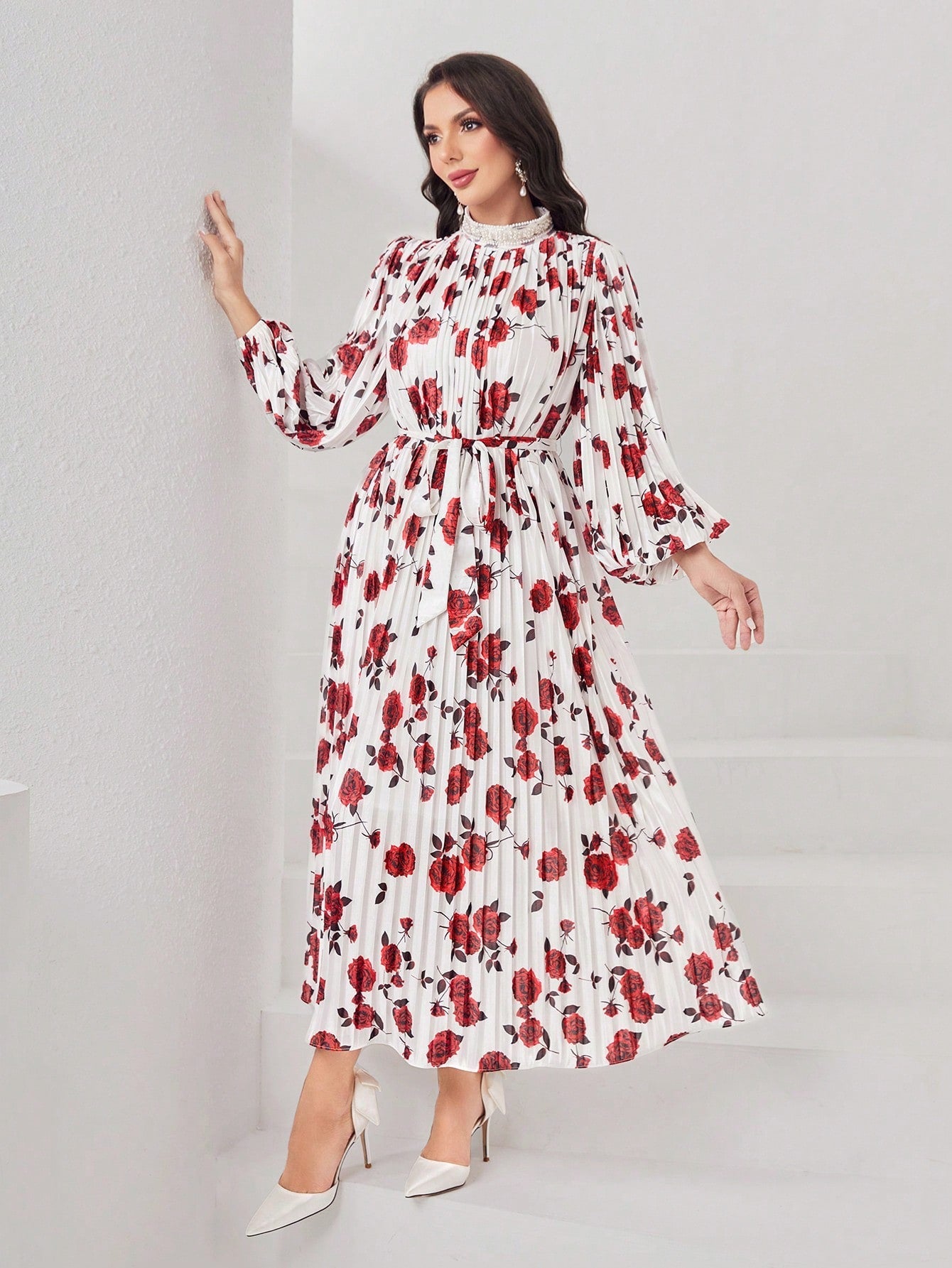 Modely Women'S Stand Collar Lantern Sleeve Floral Print Dress with Pleated Hem