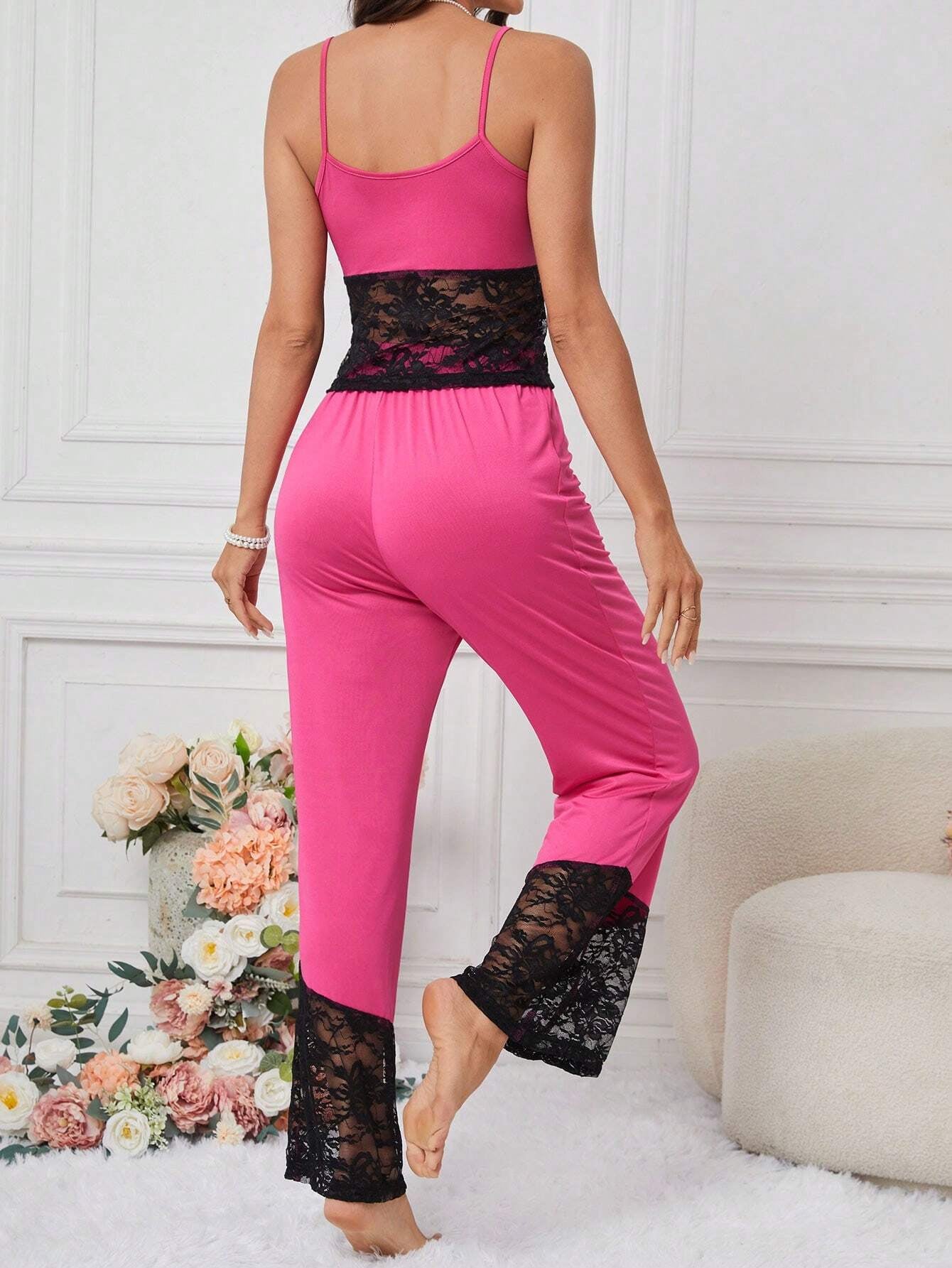 Ladies Lace Patchwork Cami Top and Shorts Sleepwear Set