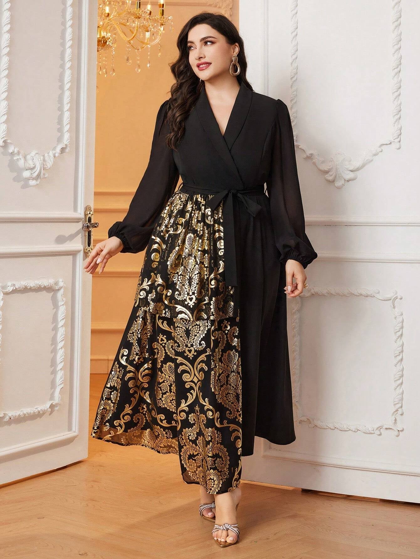 Modely plus Size Lantern Sleeves Belted Shirt Dress