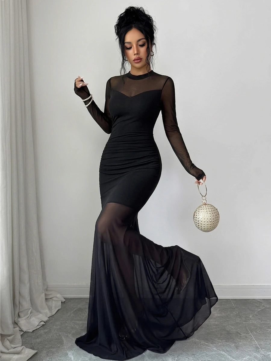 SHEIN Elenzga فستان أسود بتصميم شبكي شفاف وياقة دائرية وتنورة كاملة