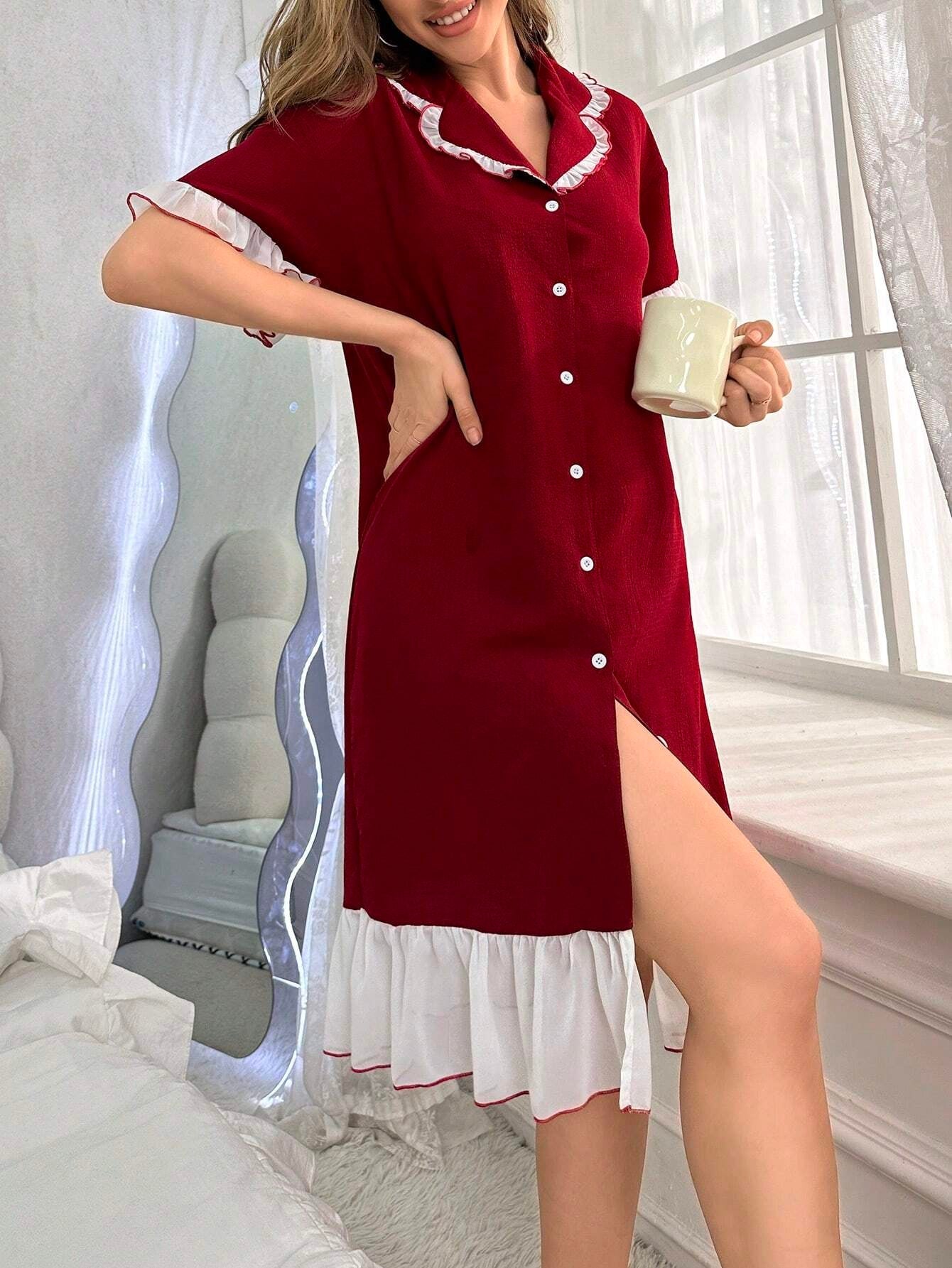 Women'S Color Block Ruffle Hem Home Service Dress