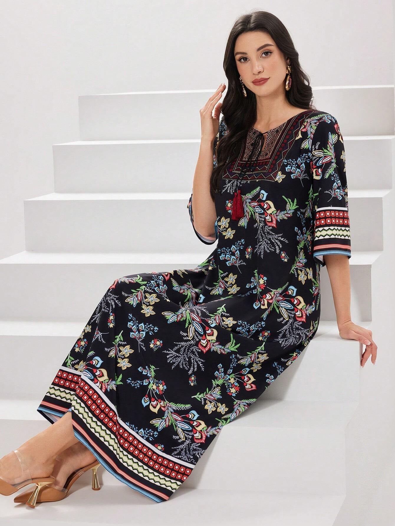 Najma Women'S Floral Printed Arabian Style Dress with Bell Sleeves
