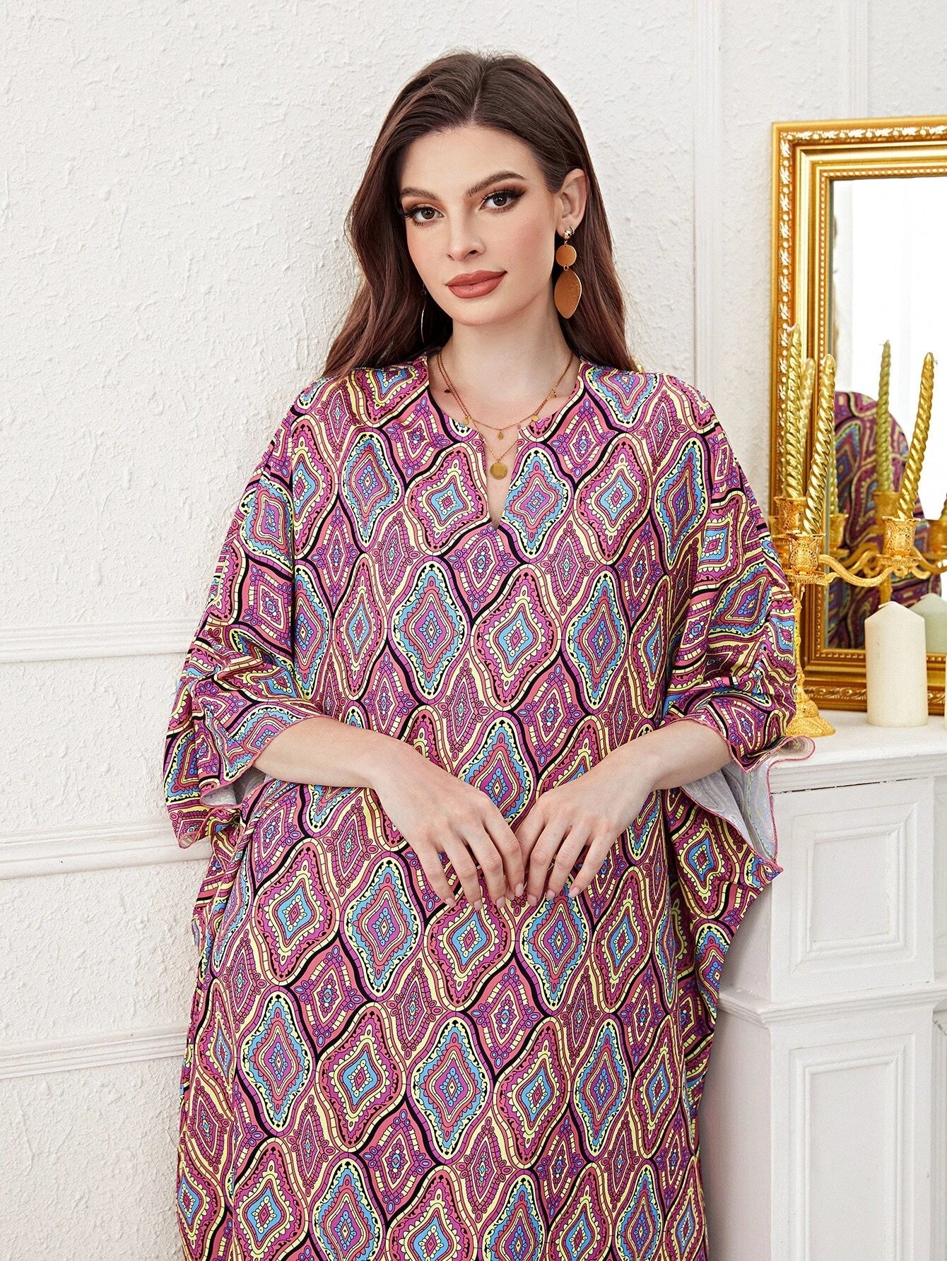 Najma Women'S Loose Turkish Long Shirt with Geometric Pattern