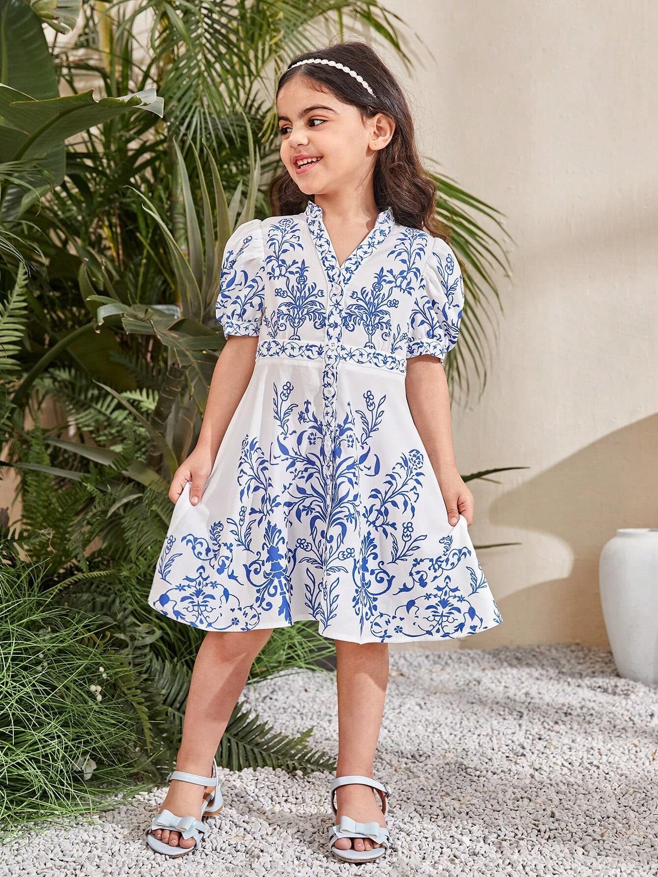 Young Girls' Floral Print Notch Collar Casual Holiday Dress