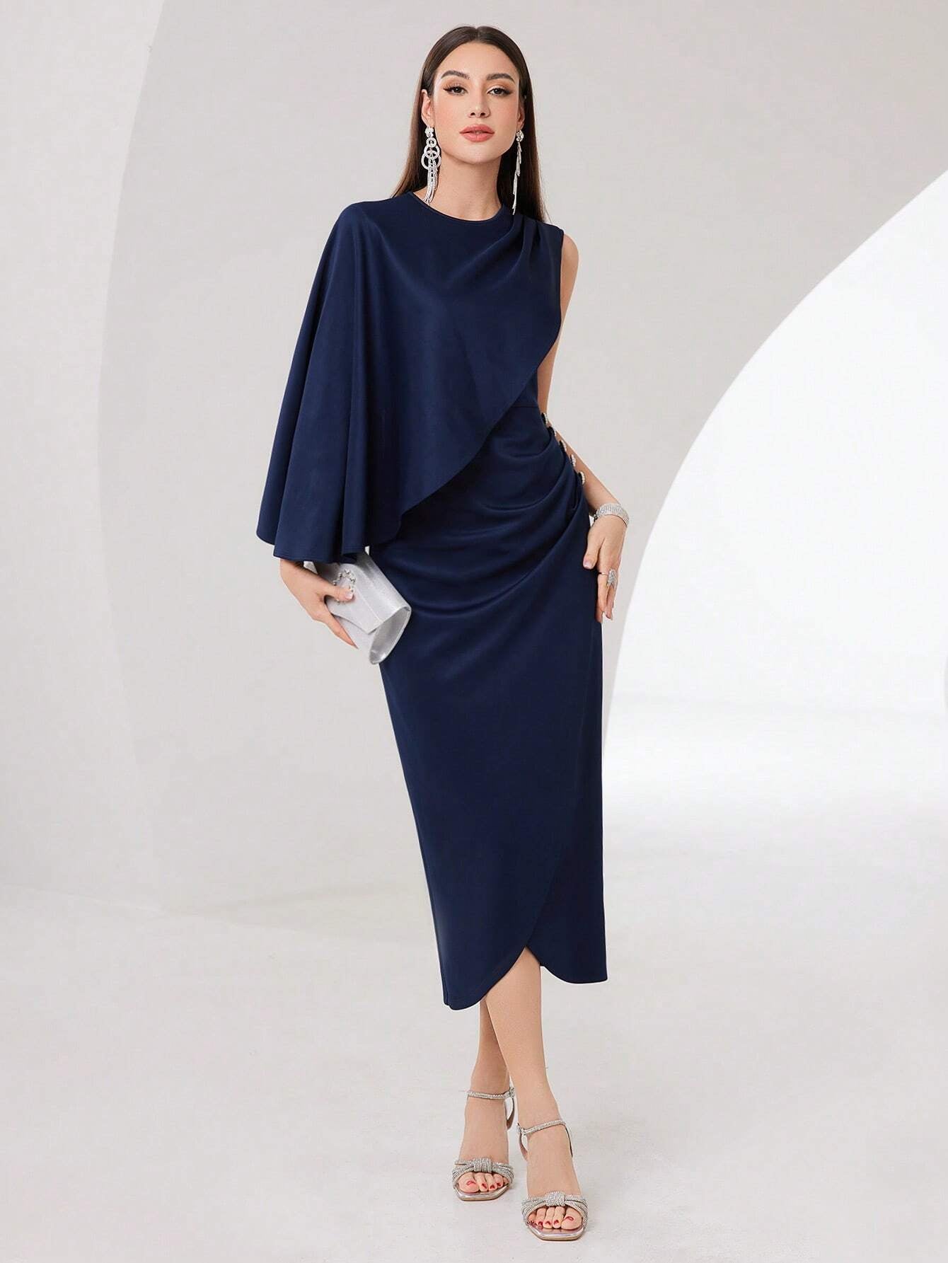 Modely Women'S One Shoulder Cross Design Dress with Asymmetrical Hem