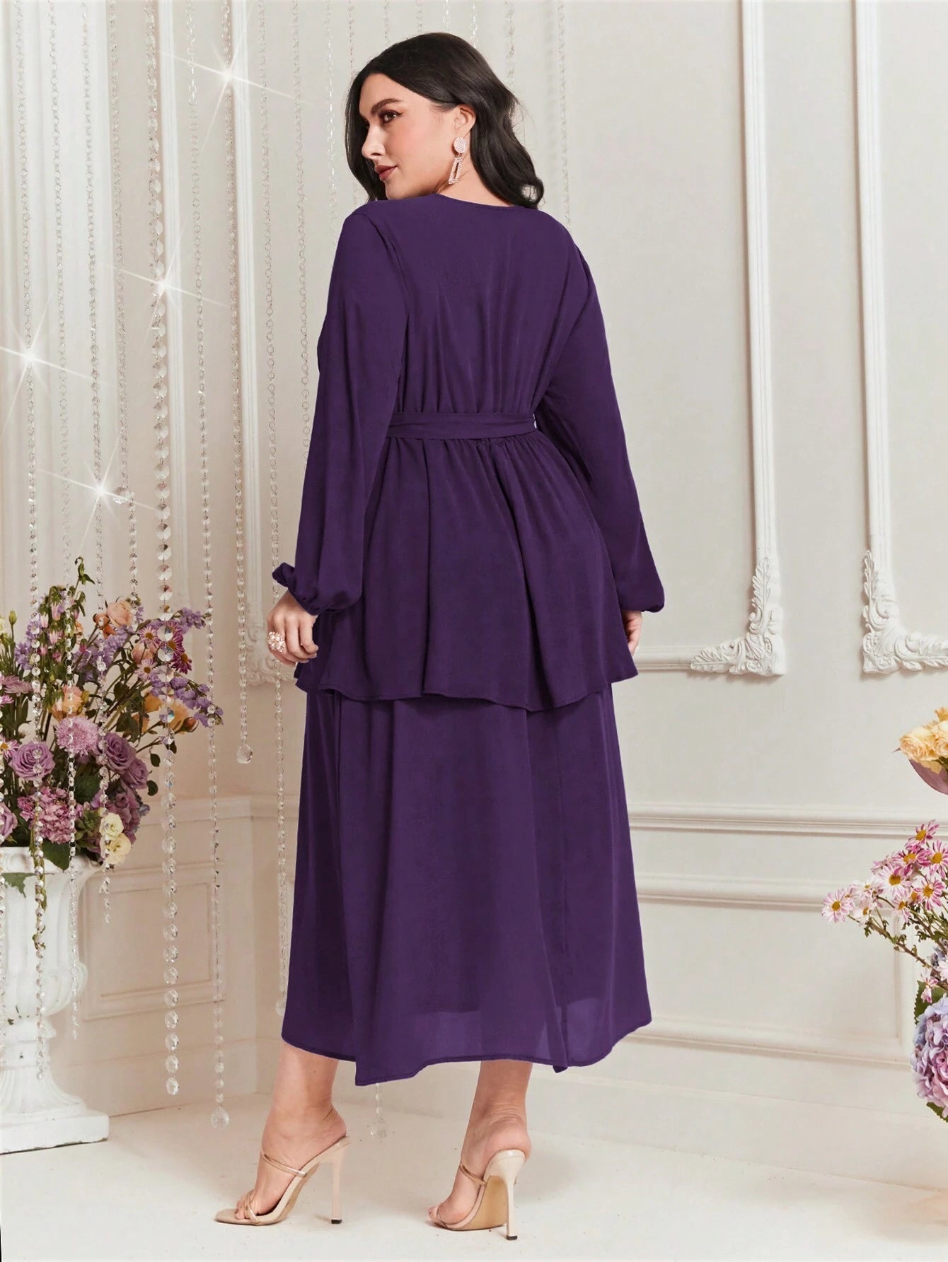Modely plus Size Embroidered Decor Lantern Sleeve Dress