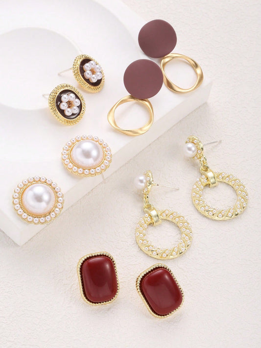 5Pairs/Set Retro Zinc Alloy Drop Earrings with Faux Pearls & Cubic Zirconia, Suitable for Women'S Daily Wear