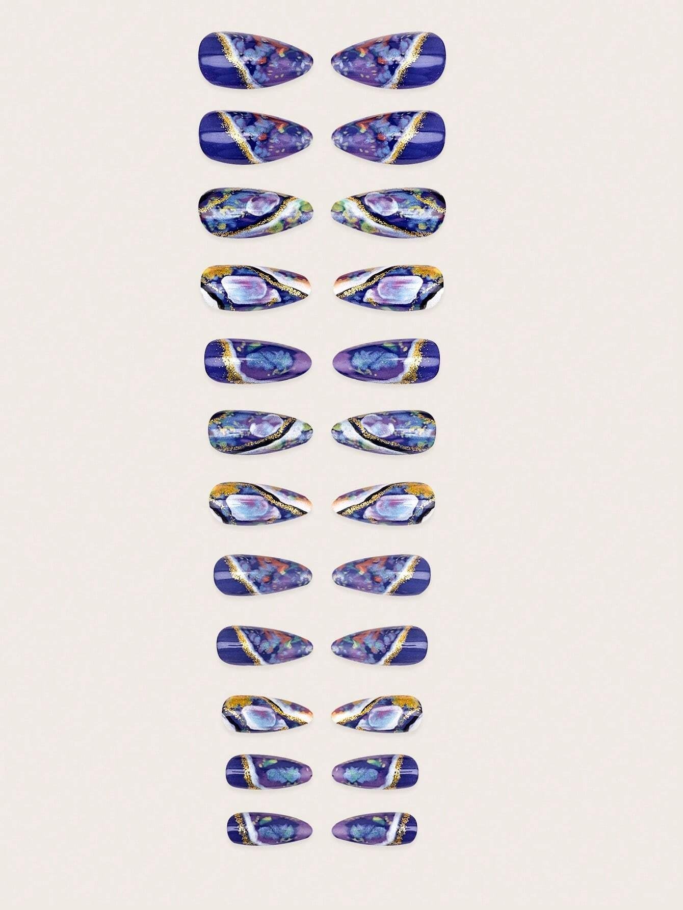 Galaxy Gradient Sparkling Powder Medium Almond Shape False Nails Set(24Pcs)+1Pc Jelly Glue+1Pc Nail File