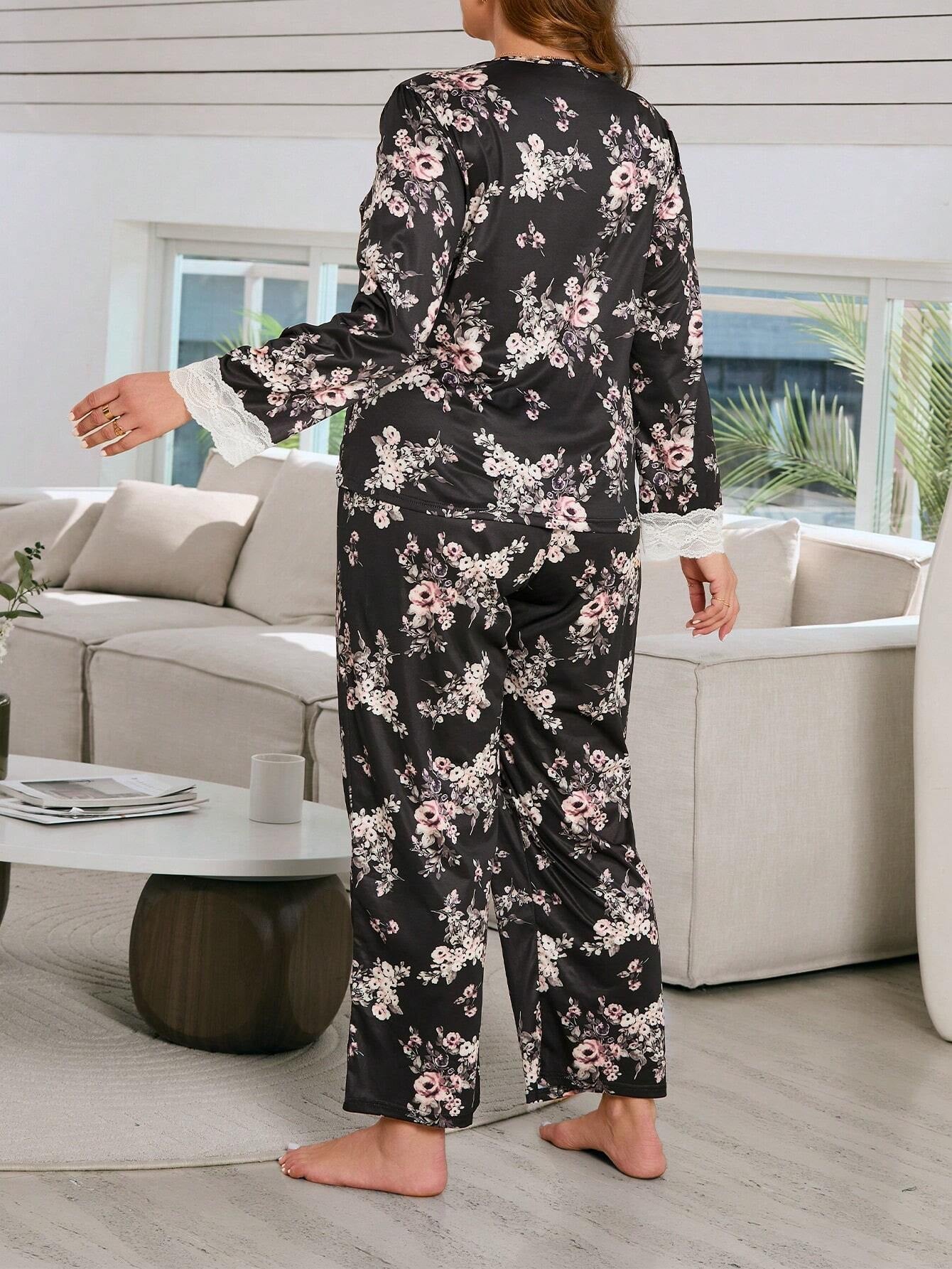 Women'S plus Size Floral Print & Lace Trimmed Pajama Set