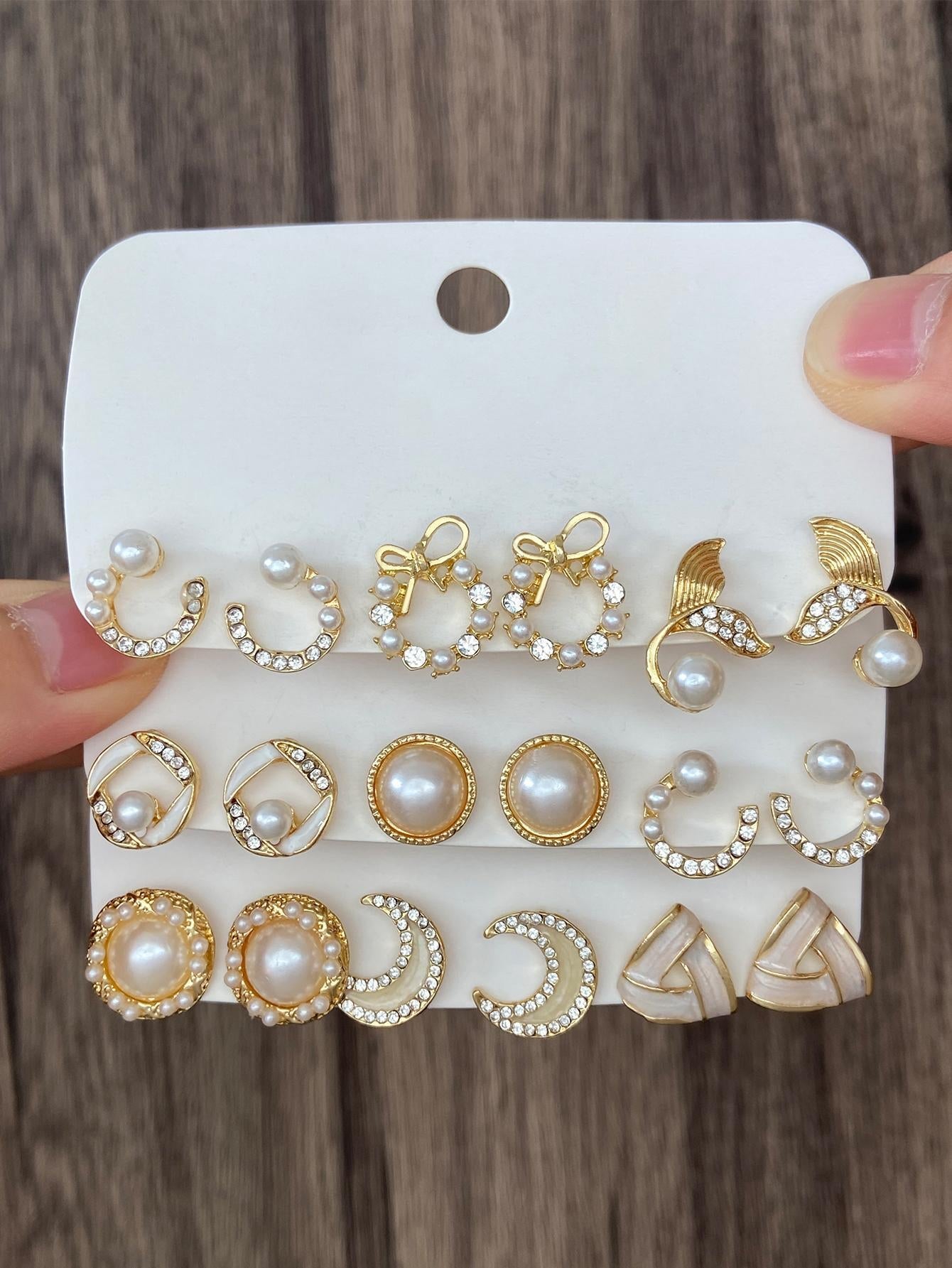 9Pairs/Set Fashionable Zinc Alloy Rhinestone Moon & Faux Pearl Decor Stud Earrings for Women for Daily Decoration