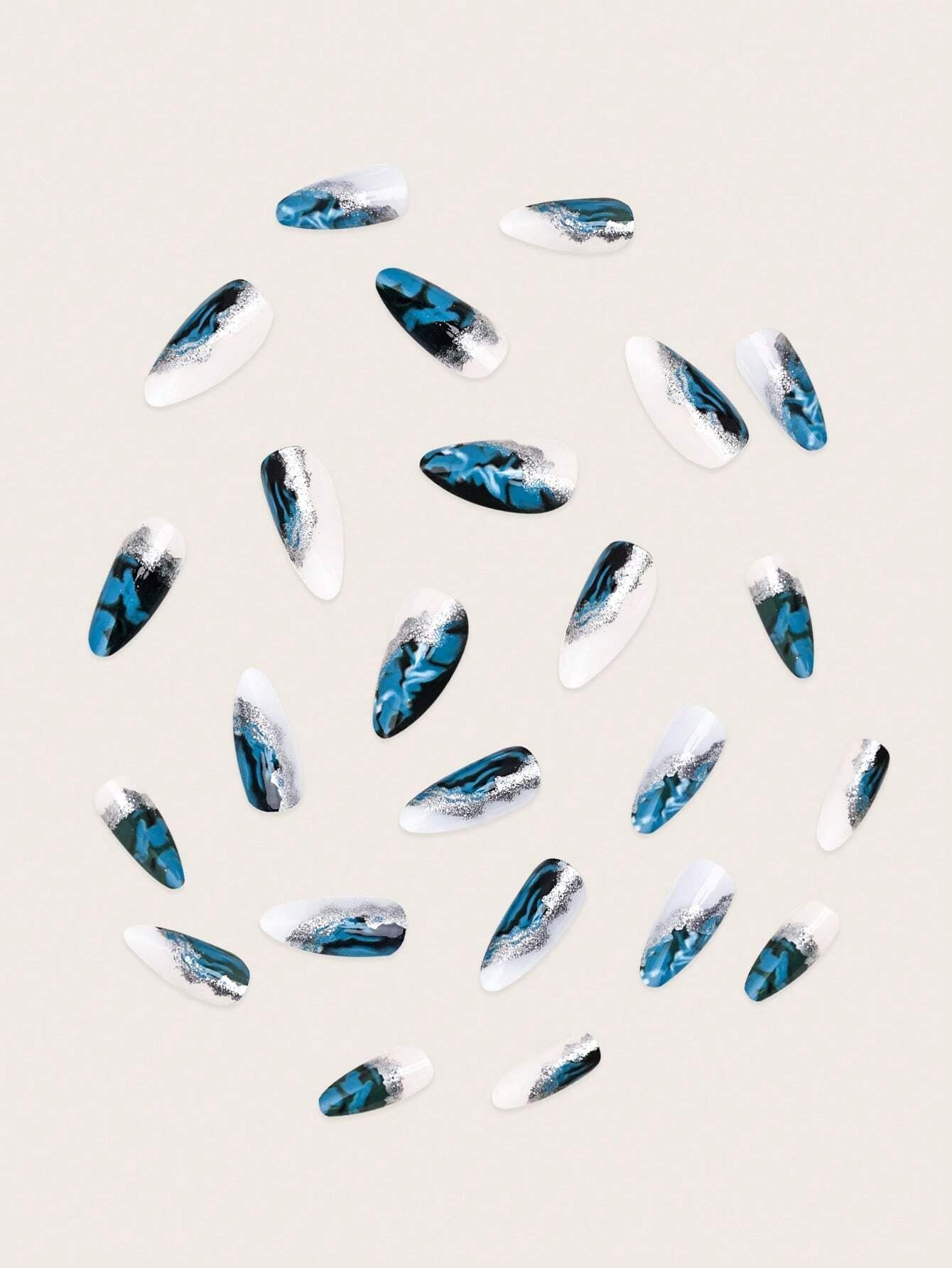 24Pcs/Box Galaxy Blue Starry Sky Almond Nail Tips with Ombre Effect + 1Pc Jelly Glue + 1Pc Nail File