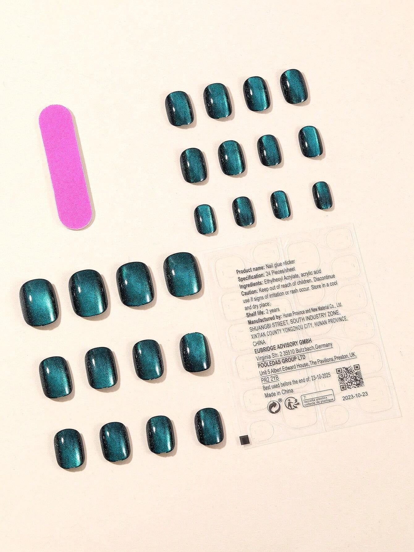 24Pcs Black Crystal Cat Eye Nails Square Glitter False Nails Full Coverage Acrylic Pressed False Nails Suitable for Daily Wear at Women'S Parties