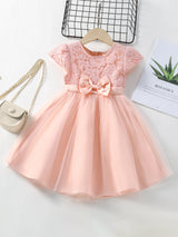 Young Girls Contrast Lace Bow Front Mesh Hem Party Dress