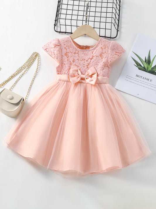 Young Girls Contrast Lace Bow Front Mesh Hem Party Dress