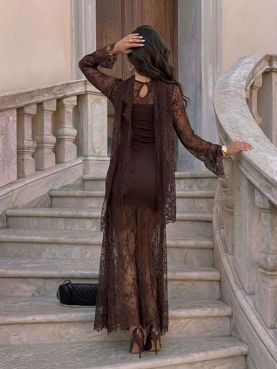 SHEIN Firerie فستان بني بأكمام طويلة وتفاصيل دانتيل وشريط شفاف