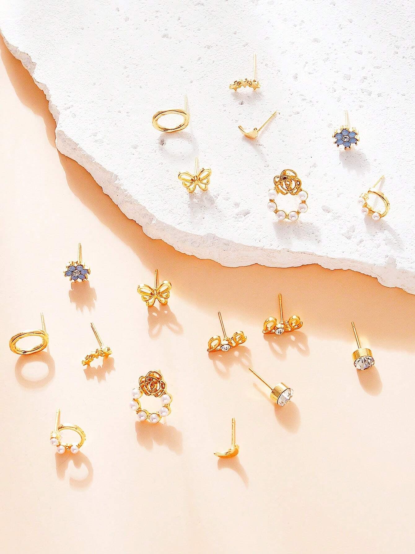 9Pairs/Set Rhinestone & Flower Decor Stud Earrings