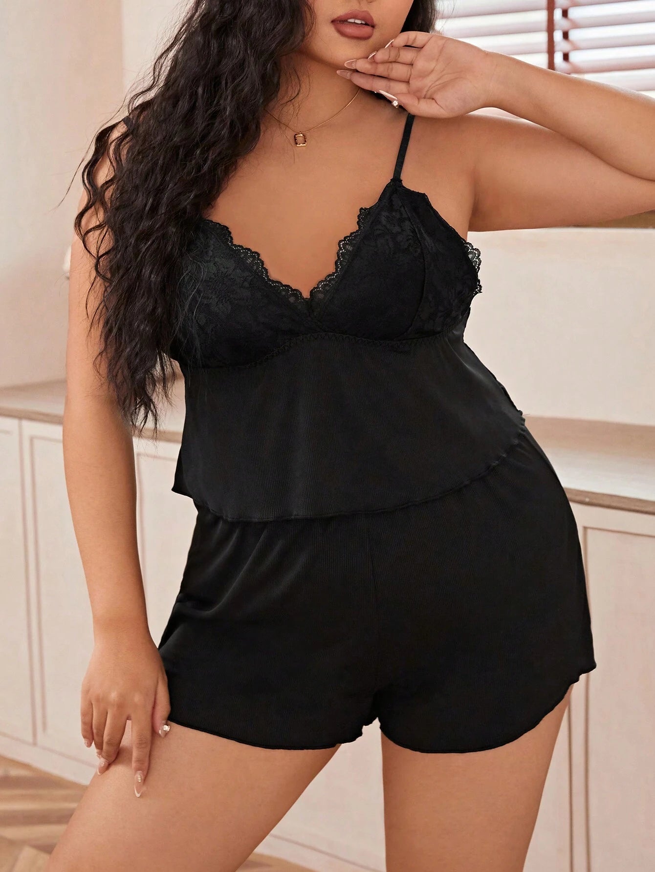 Plus Size Women'S Lace Patchwork Cami Sleepwear Set
