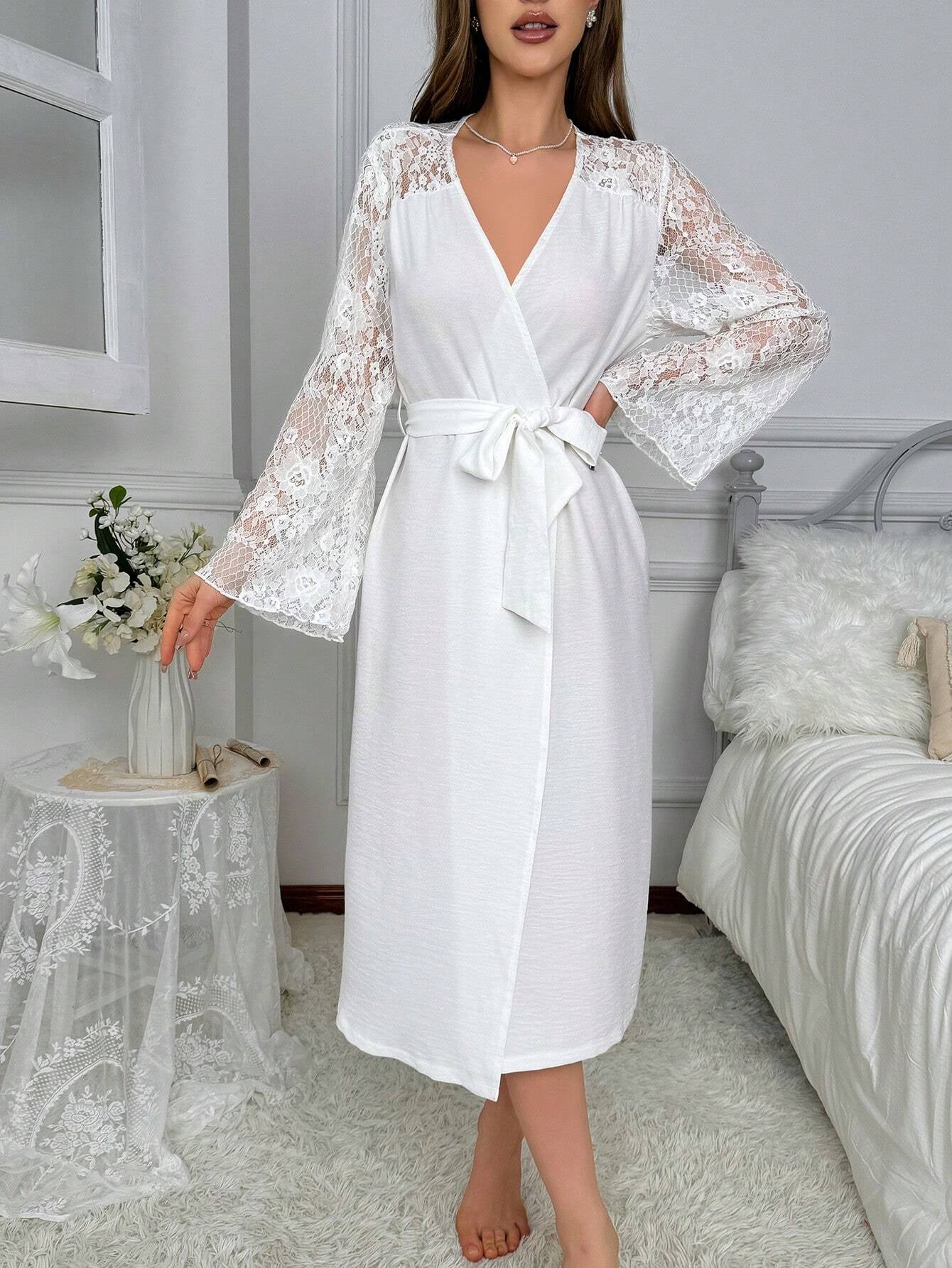 Lace Patchwork Self Tie Long Women'S Robe