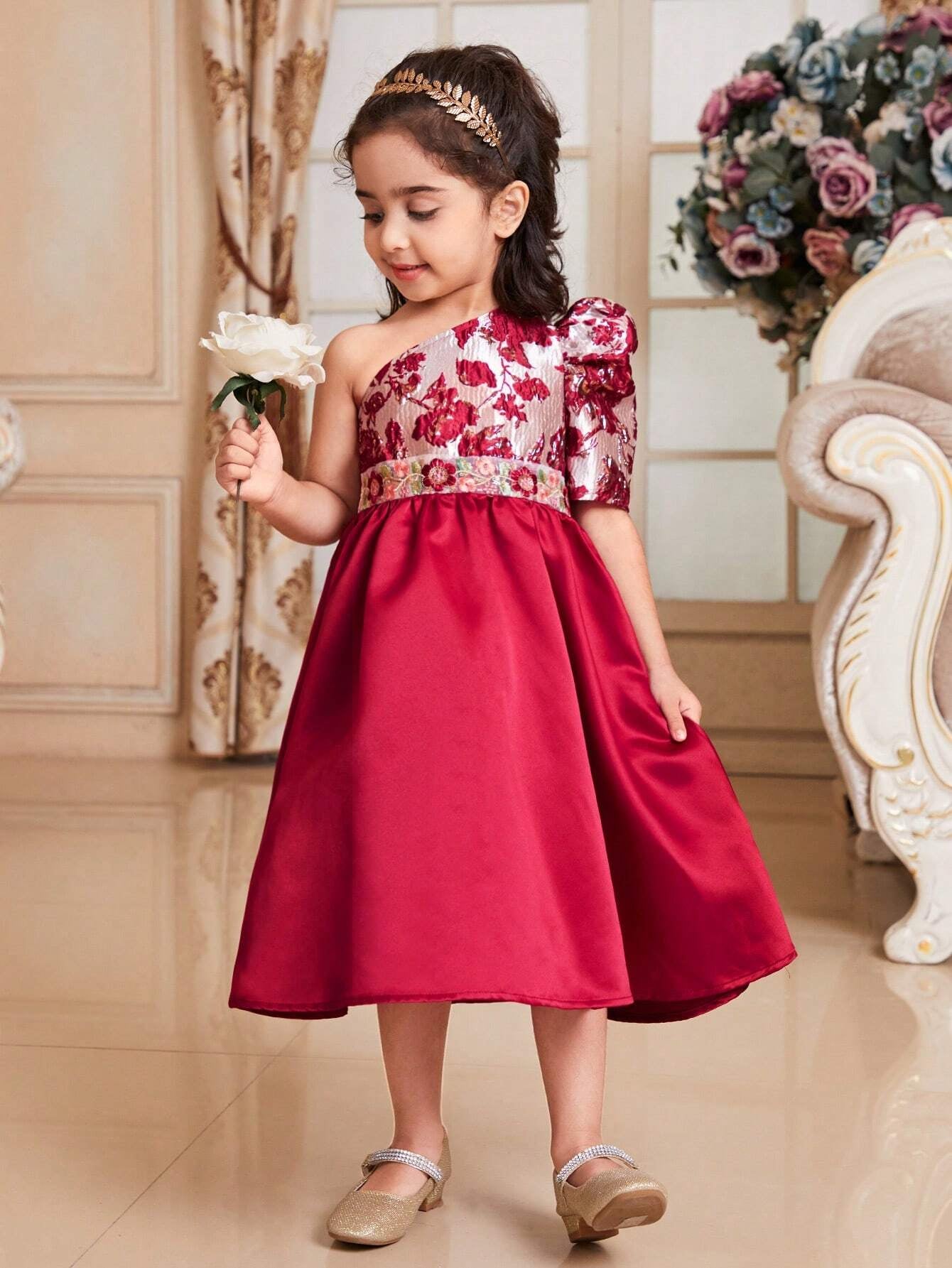 Young Girls' Pretty Stylish Jacquard Splice Oblique-Shoulder Puff Sleeve Mid-Length Dress with A-Line Hem