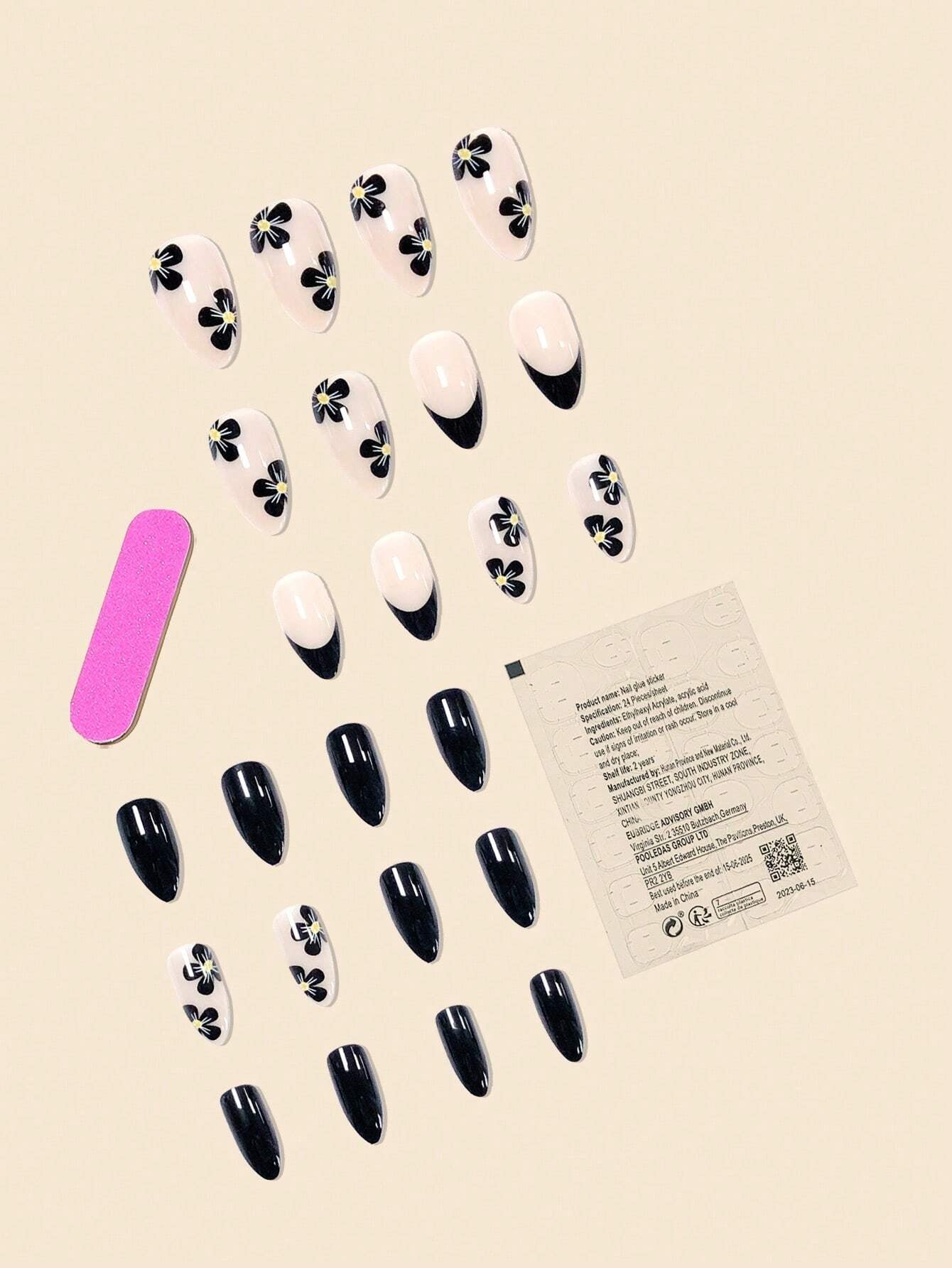 24Pcs False Nails in Waterdrop Shape, Black French Manicure with Small Flowers & Pointy Almond Shape +Jelly Glue + Nail File