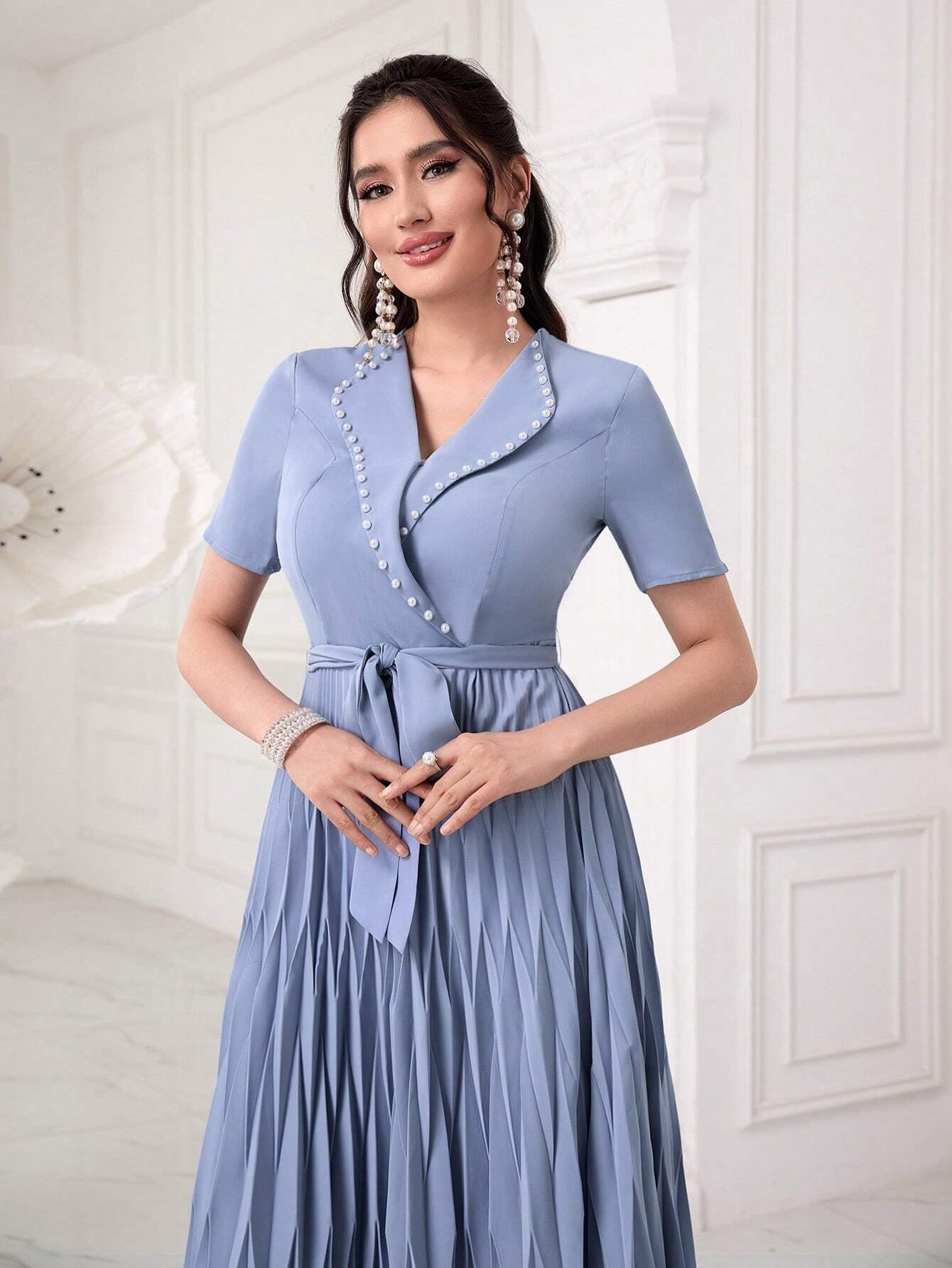 Modely Pearls Beaded Detail Belted Pleated Hem Dress