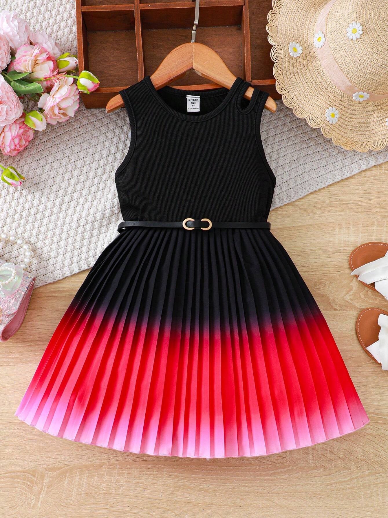 Young Girl Gradient Colorblock Pleated Hem Sleeveless Dress for Summer