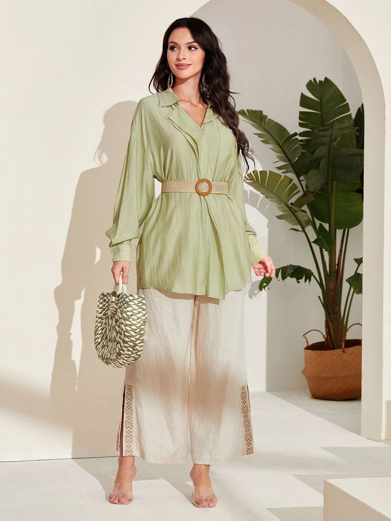 Mulvari Drop Shoulder Pocket Patched Blouse without Belt