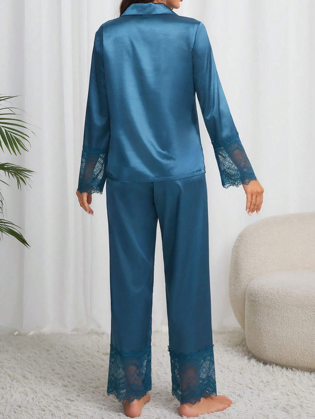 Women'S Teal Lace Paneling Long Sleeve Pants Pajama Set