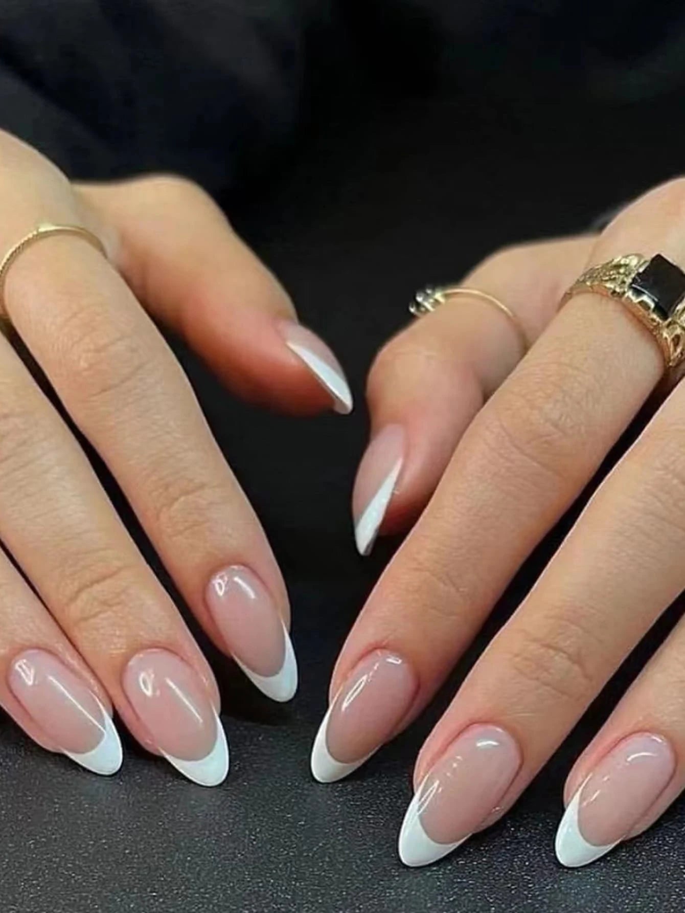 24Pcs False Nails in Waterdrop Shape, Black French Manicure with Small Flowers & Pointy Almond Shape +Jelly Glue + Nail File