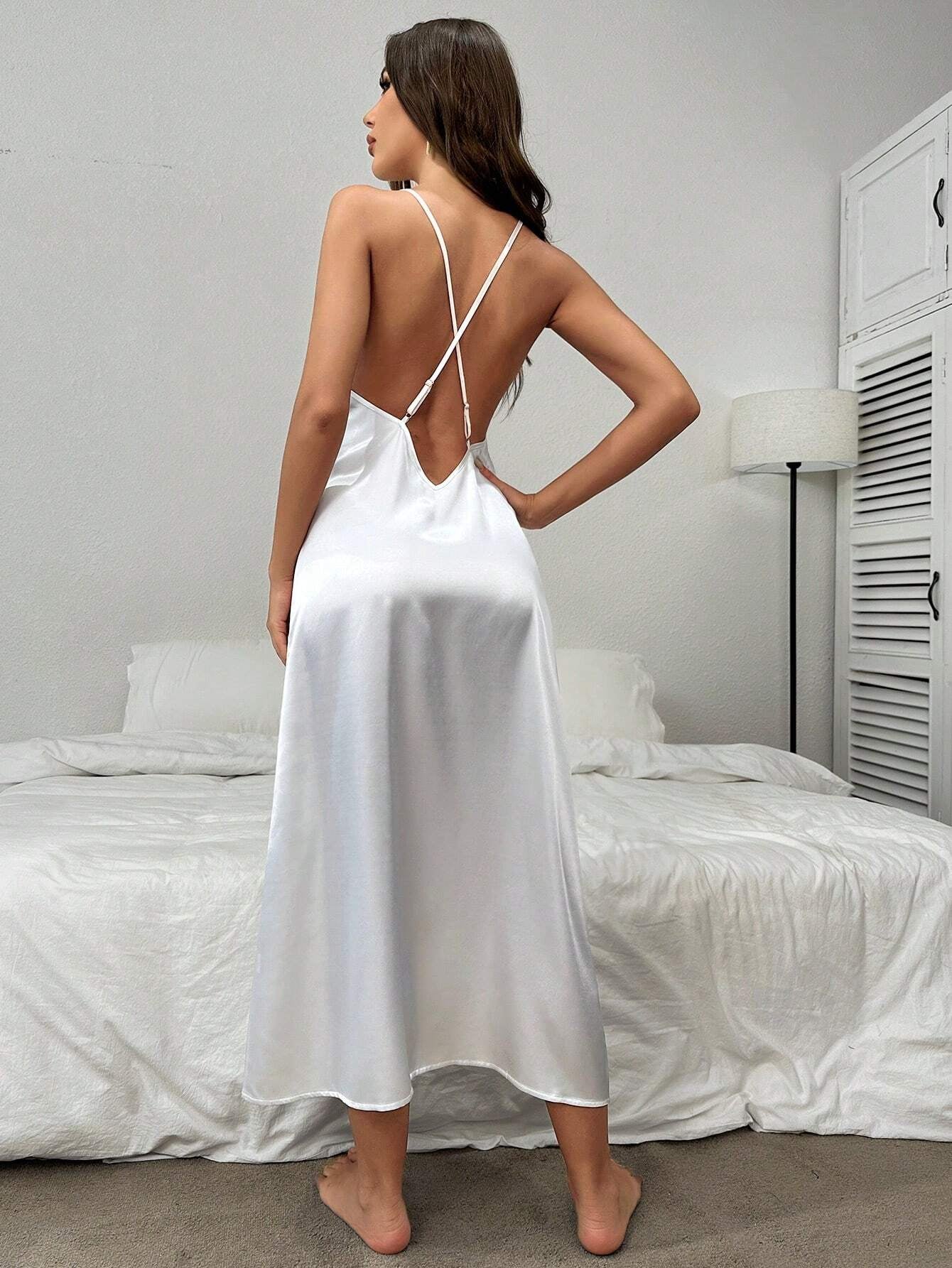 Backless Satin Cami Nightgown and Lace Bell Sleeve Robe Pajama Set