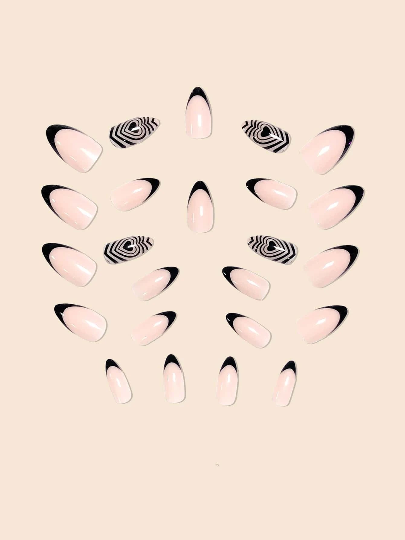 24Pcs False Nails in Waterdrop Shape, Black French Manicure with Small Flowers & Pointy Almond Shape +Jelly Glue + Nail File