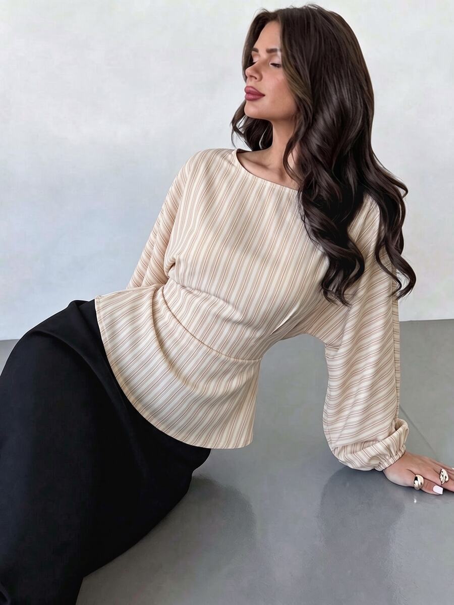 SHEIN Firerie بلوزة نسائية مخططة بياقة دائرية وأكمام جناح الخفاش