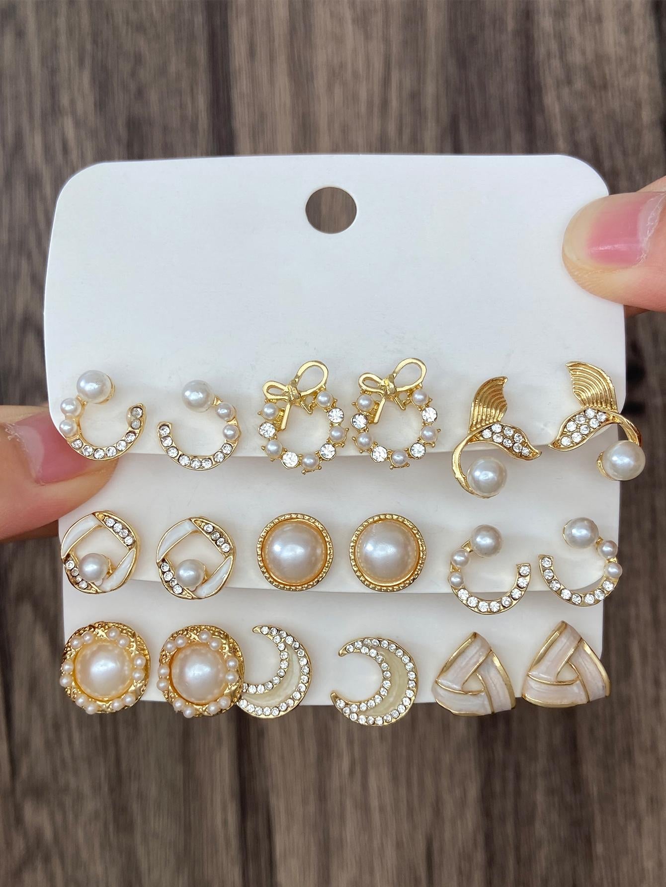 9Pairs/Set Fashionable Zinc Alloy Rhinestone Moon & Faux Pearl Decor Stud Earrings for Women for Daily Decoration