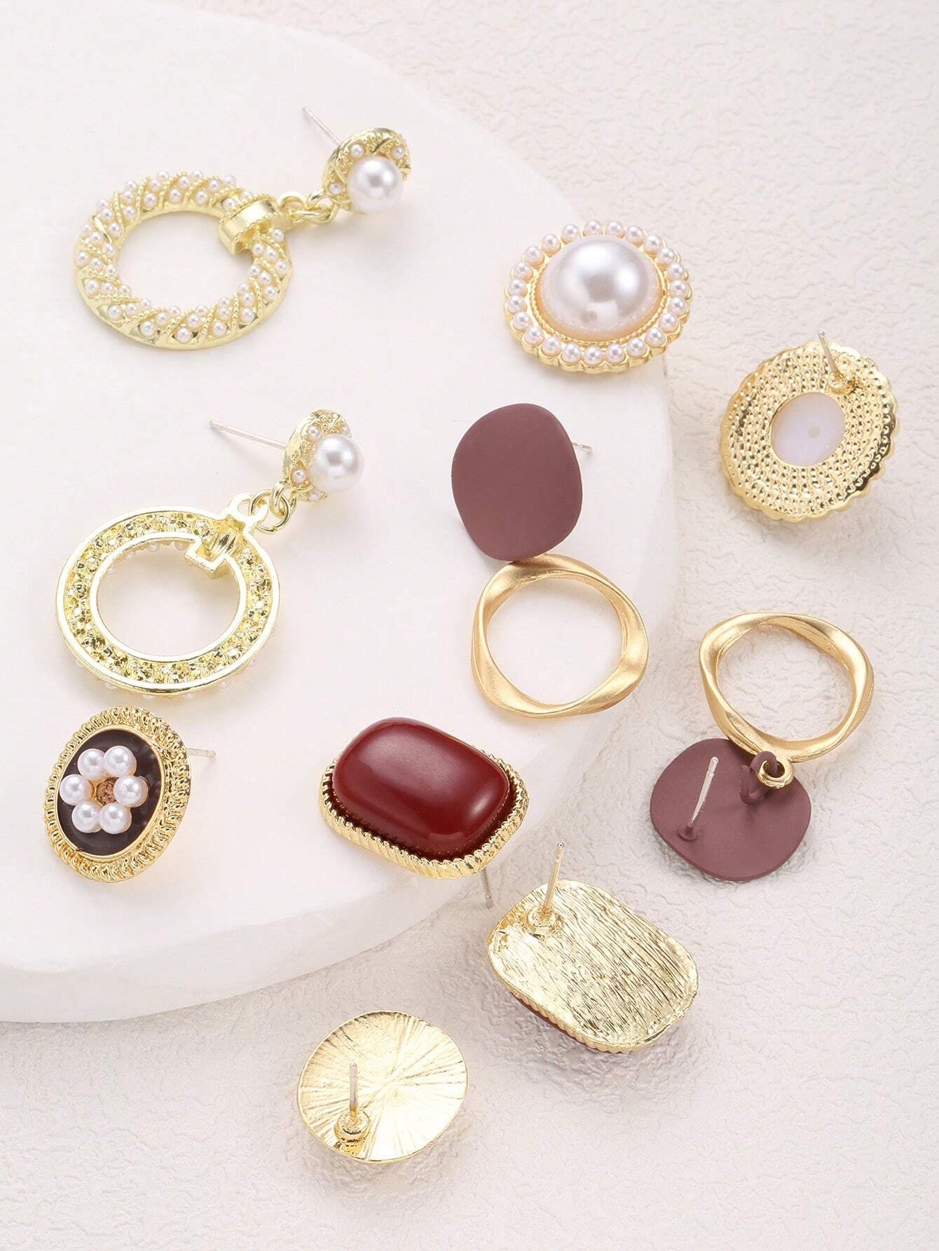 5Pairs/Set Vintage Alloy Dangle Earrings with Pearls & Rhinestone Heart-Shaped Ear Studs, Suitable for Women'S Daily Wear