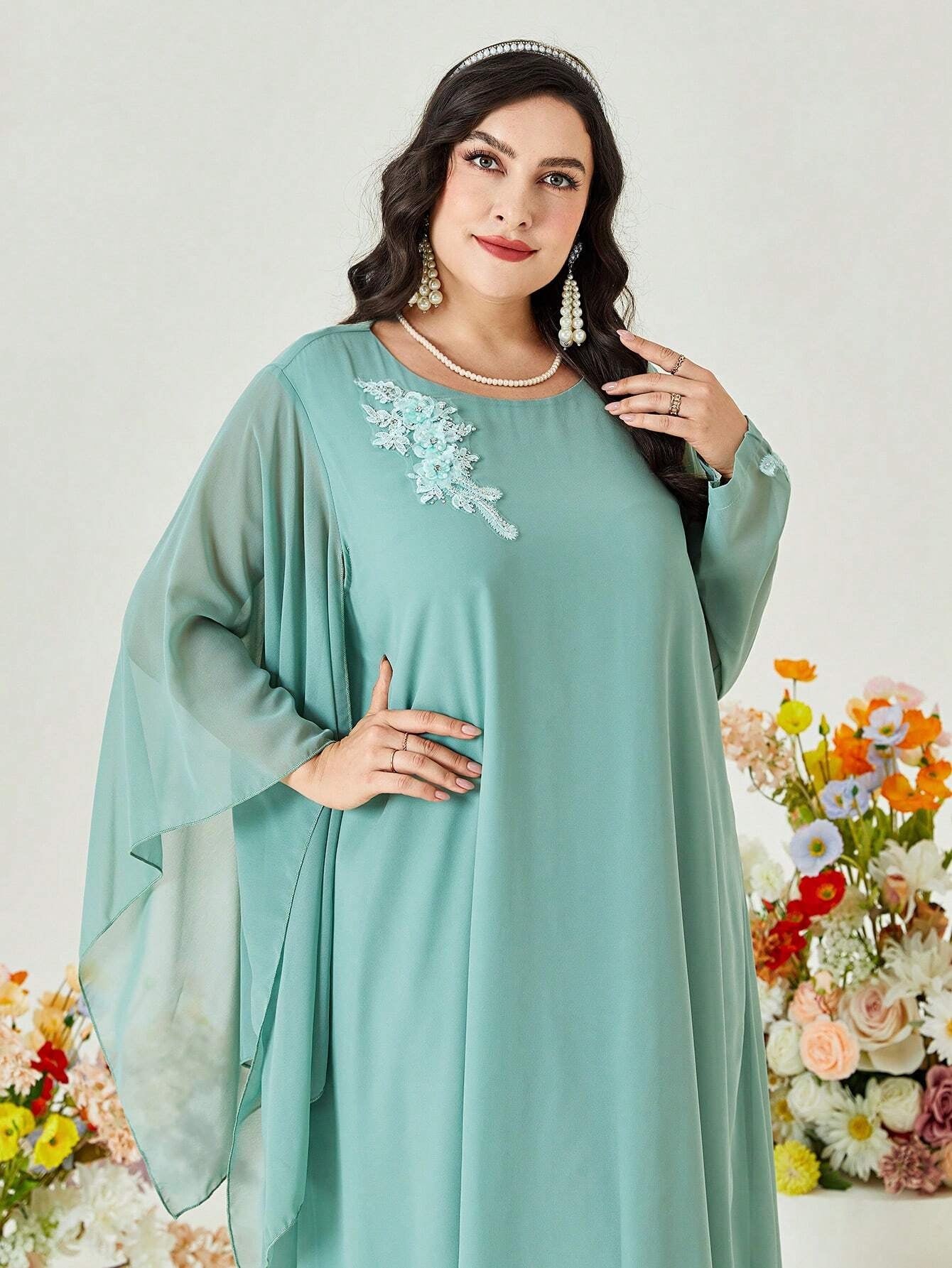 Najma plus Floral Embroidery Draped Detail Dress
