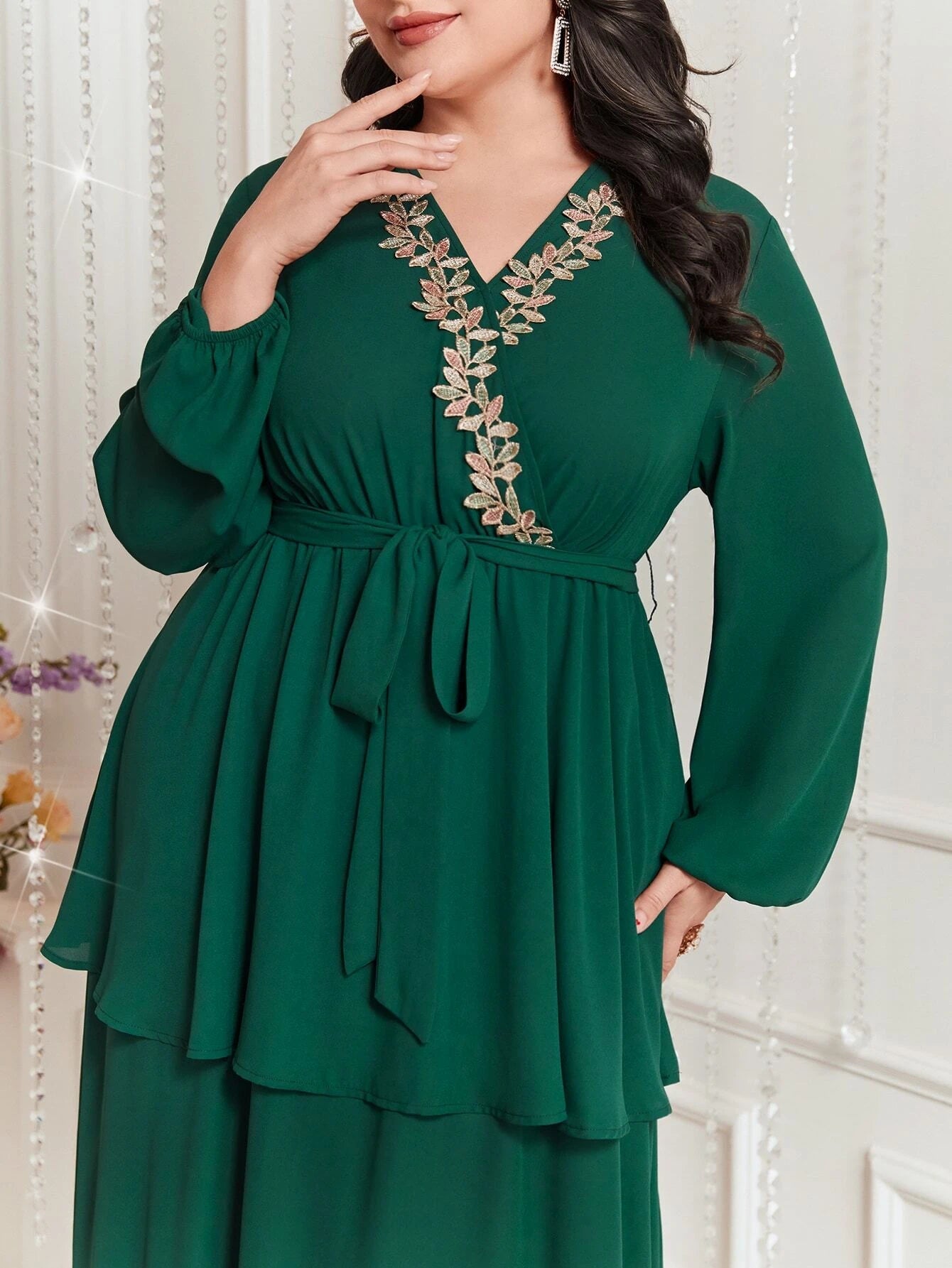 Modely plus Size Embroidered Decor Lantern Sleeve Dress