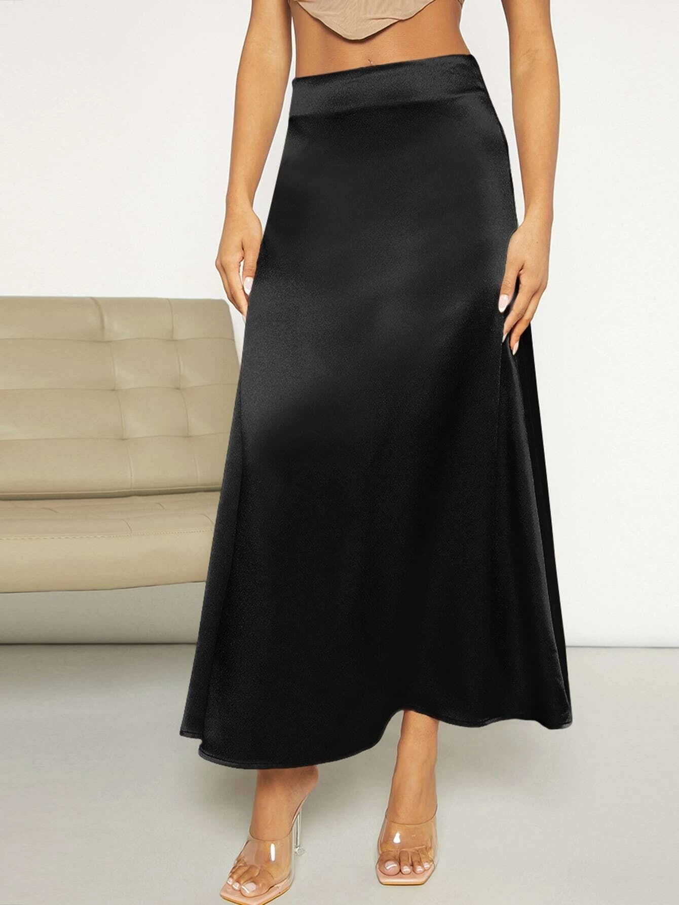 Privé High Waist Satin A-Line Skirt