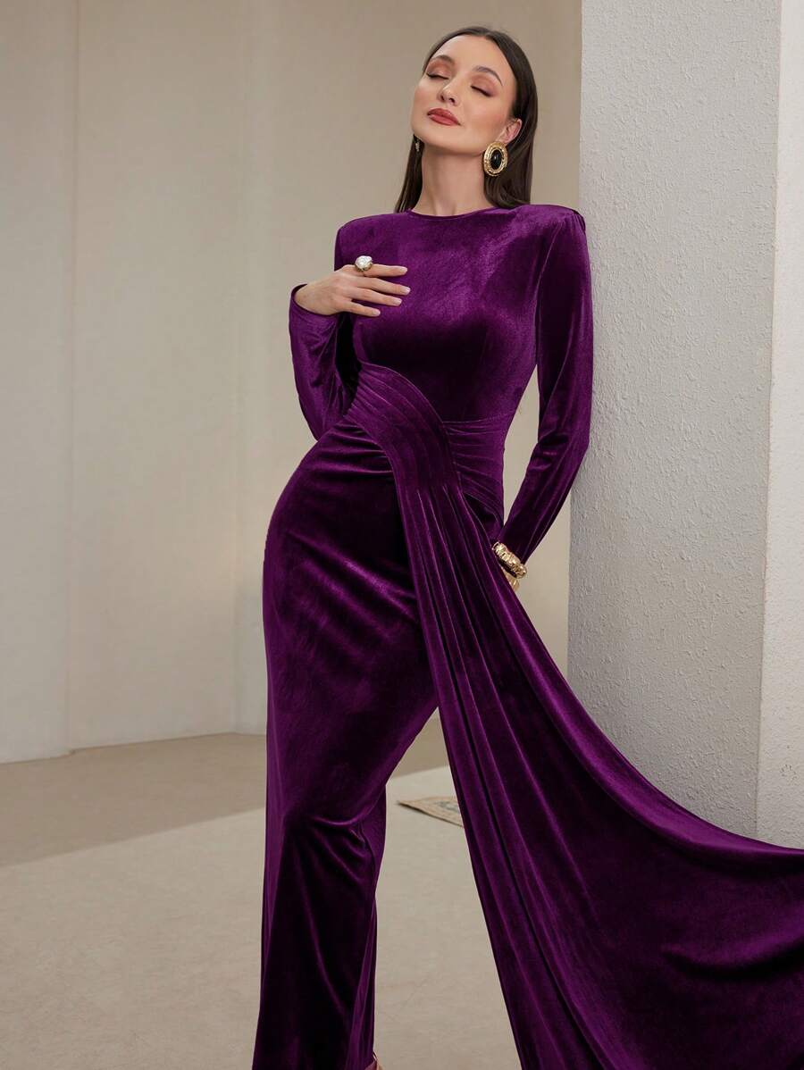 SHEIN Modely 1 قطعة فستان أنيق للنساء بلون كامل وياقة دائرية وأكمام طويلة وشريط تركيبي