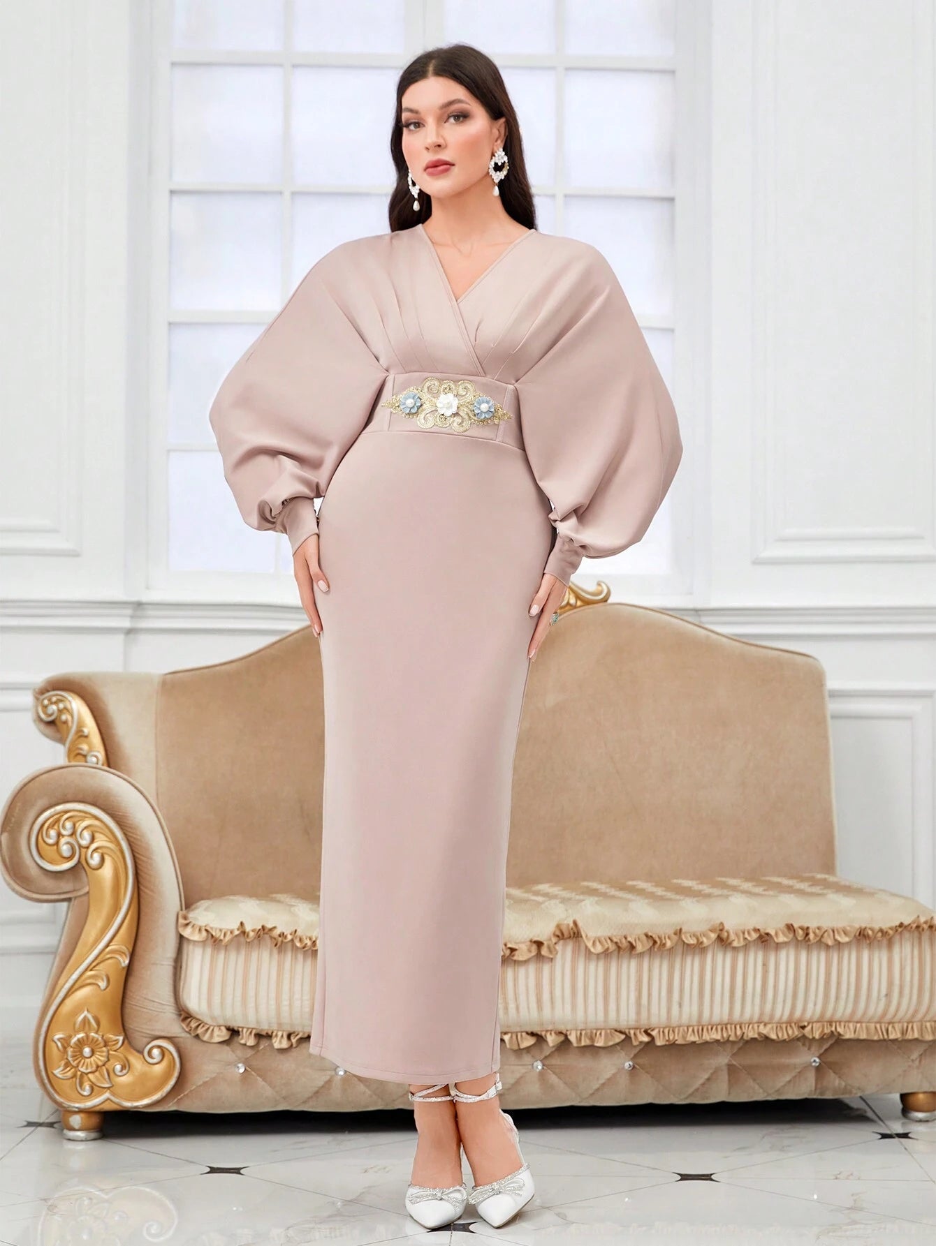 Modely Applique Surplice Neck Lantern Sleeve Split Back Dress
