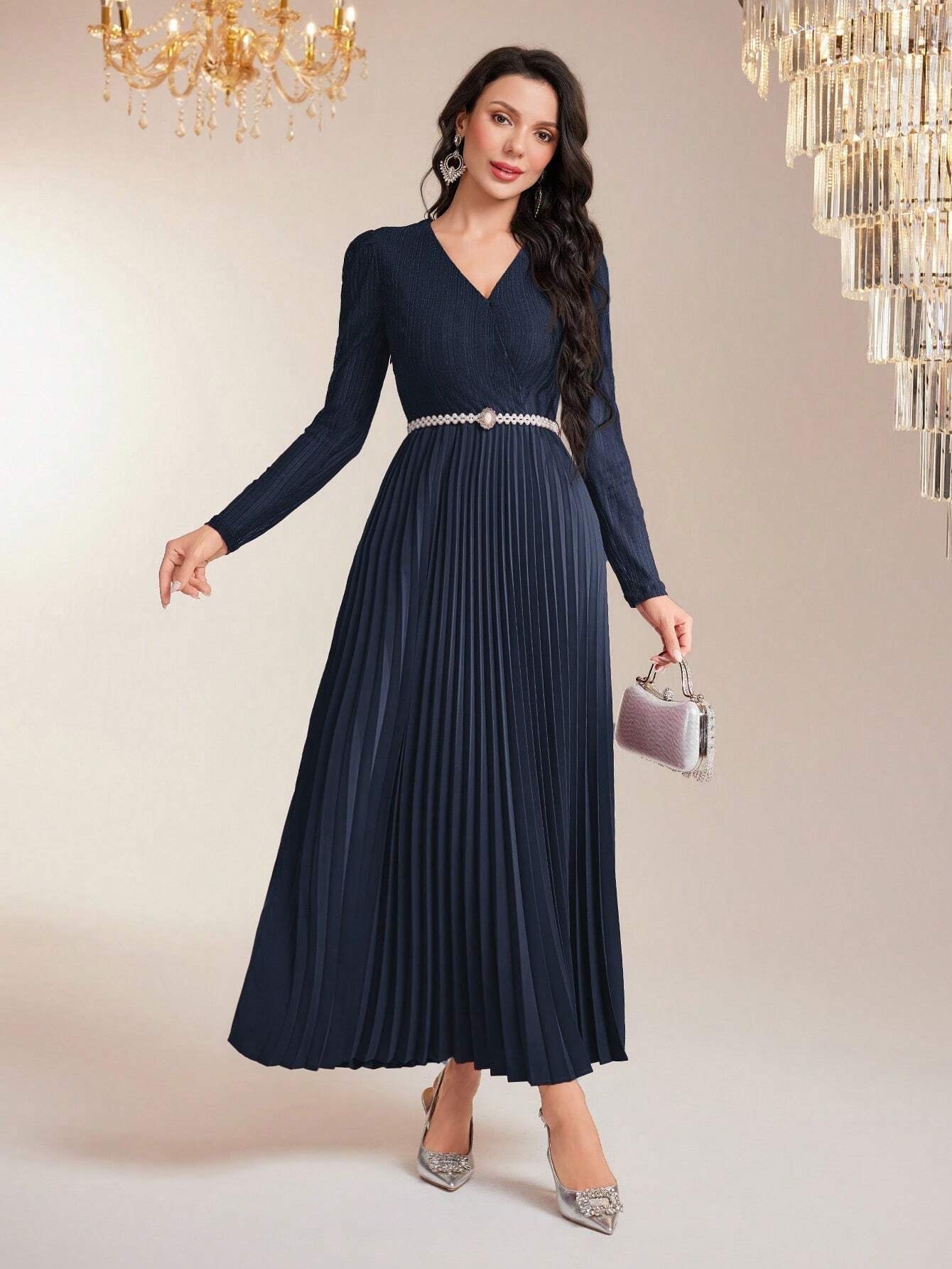 Modely Surplice Neck Pleated Hem Dress with Belt