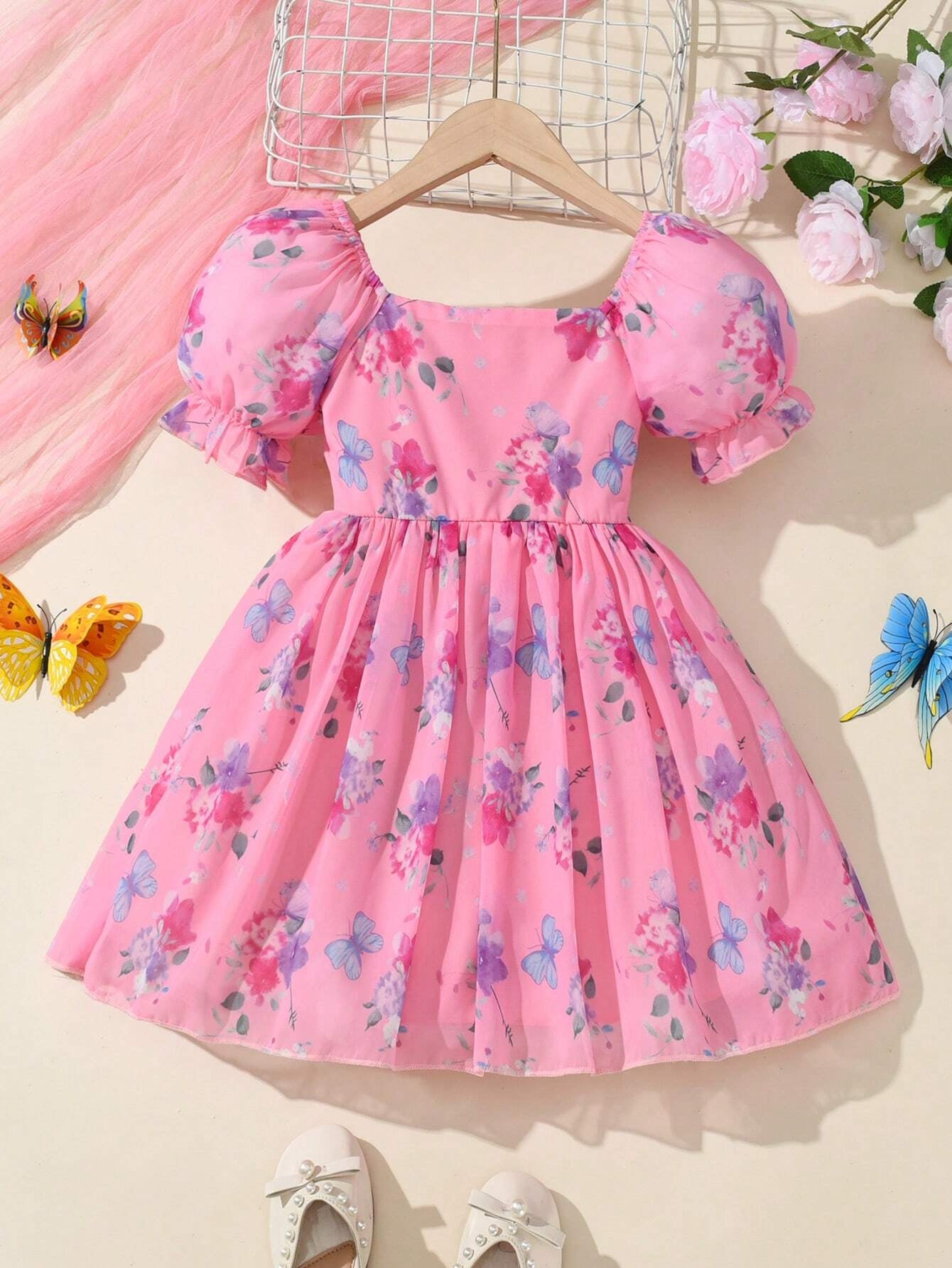 Young Girl'S Floral Printed Puff Sleeve Dress