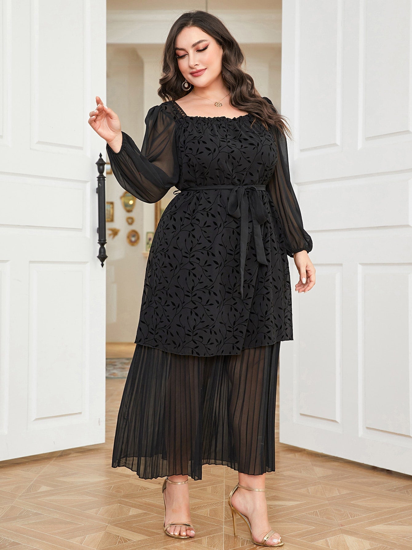 Mulvari plus Contrast Mesh Pleated Hem Belted Dress