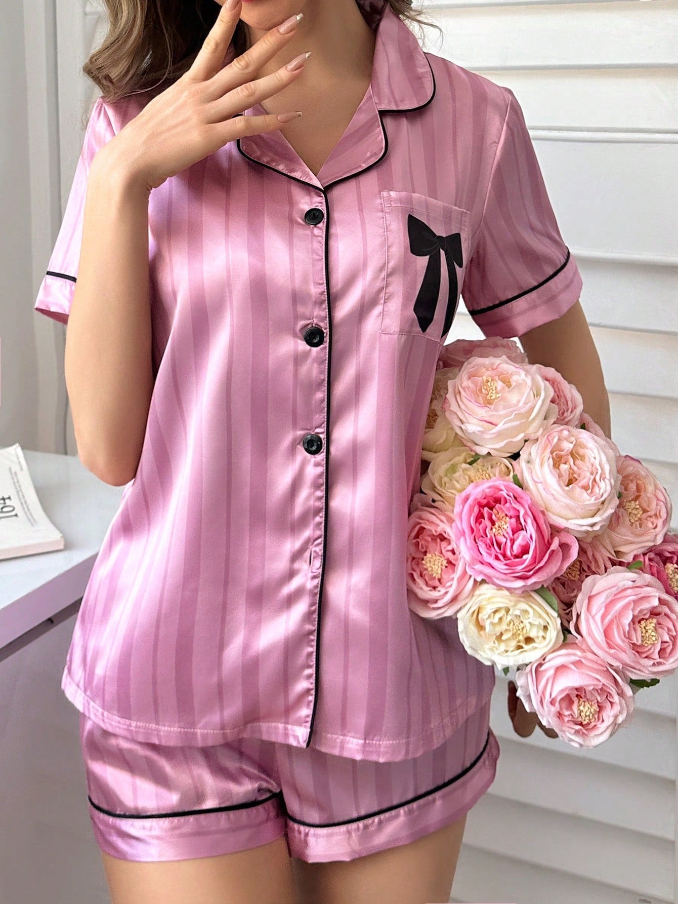 Bow Print Pocket Pink Striped Satin Pajama Set