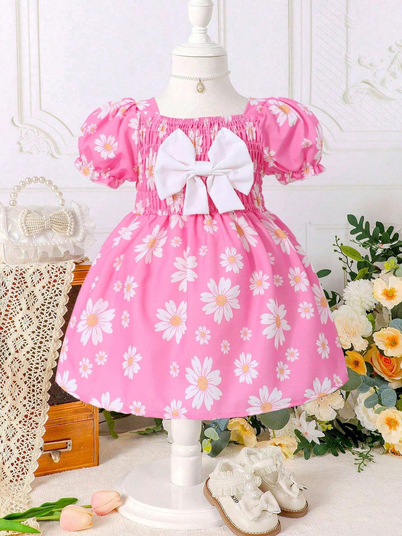 Baby Girl Floral Print Bow Front Puff Sleeve Dress