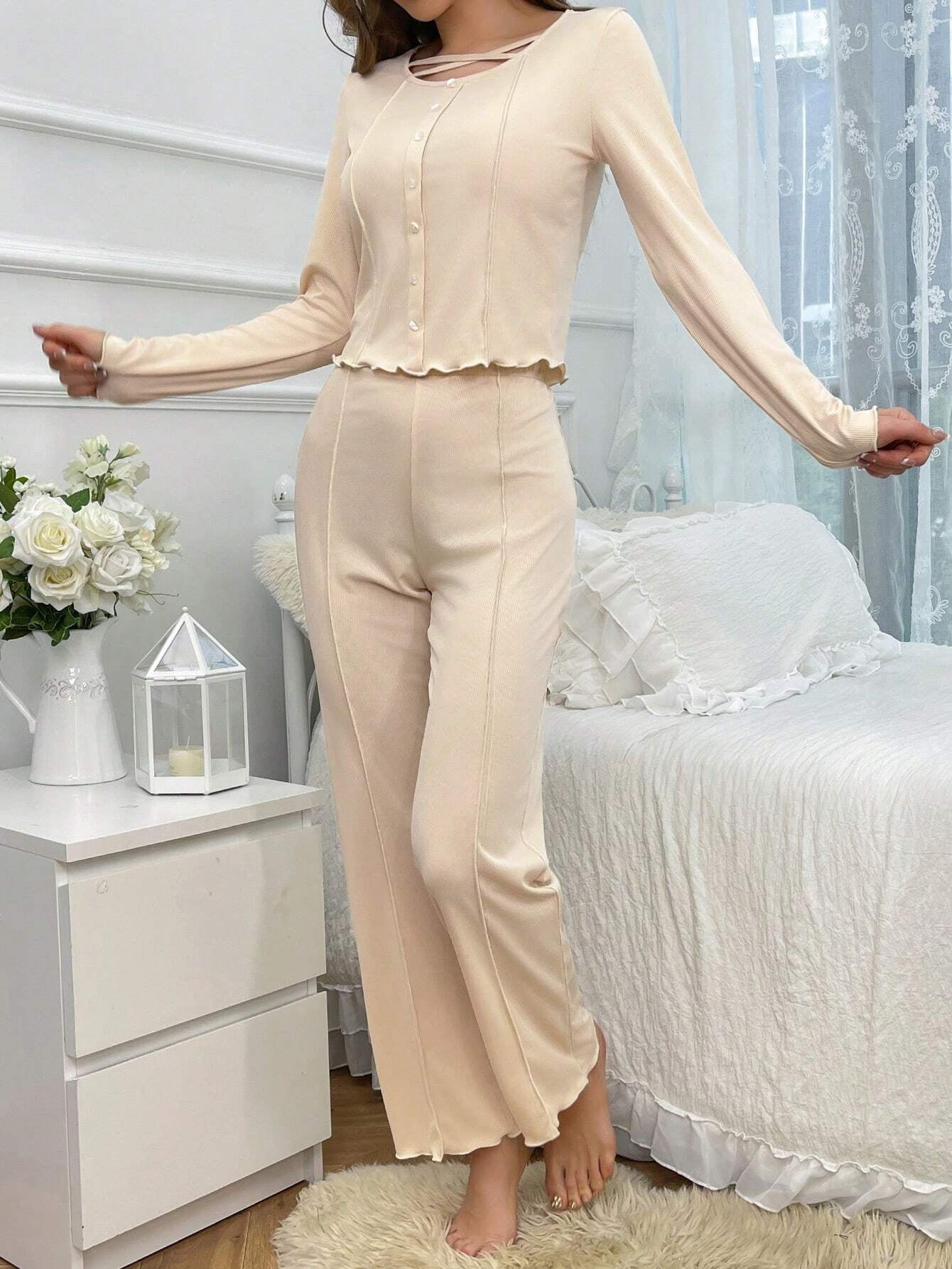 Women'S Faux-Button Decoration Long Sleeve and Pants Home Suit