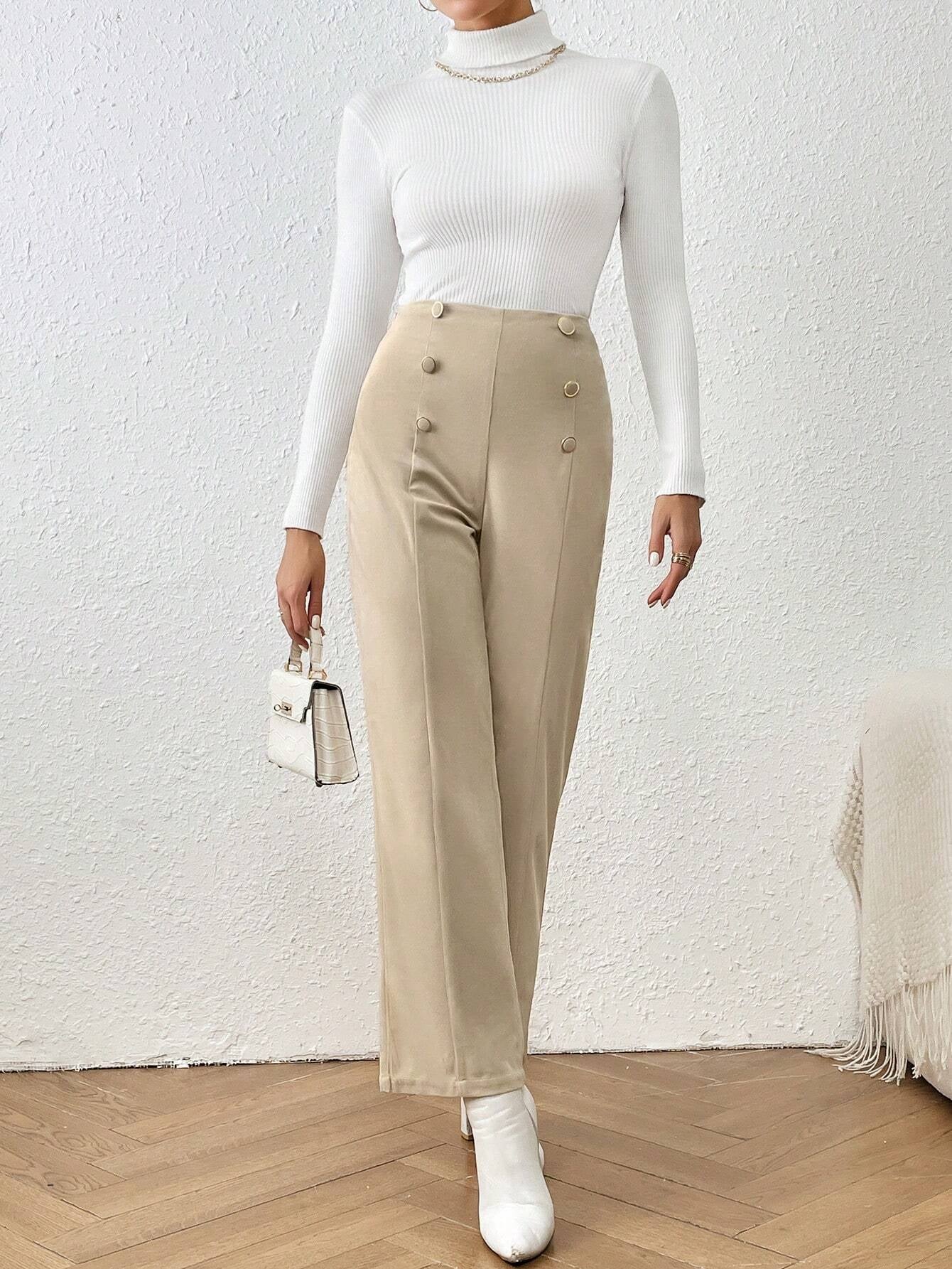 Frenchy High-Waisted Straight Leg Pants with Double Breasted Decoration