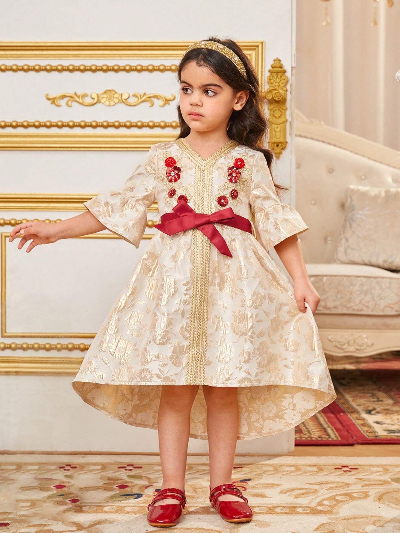 Young Girls' V-Neck Patchwork Jacquard Dress with Woven Belt, Short Front Long Back, Embroidery Detail