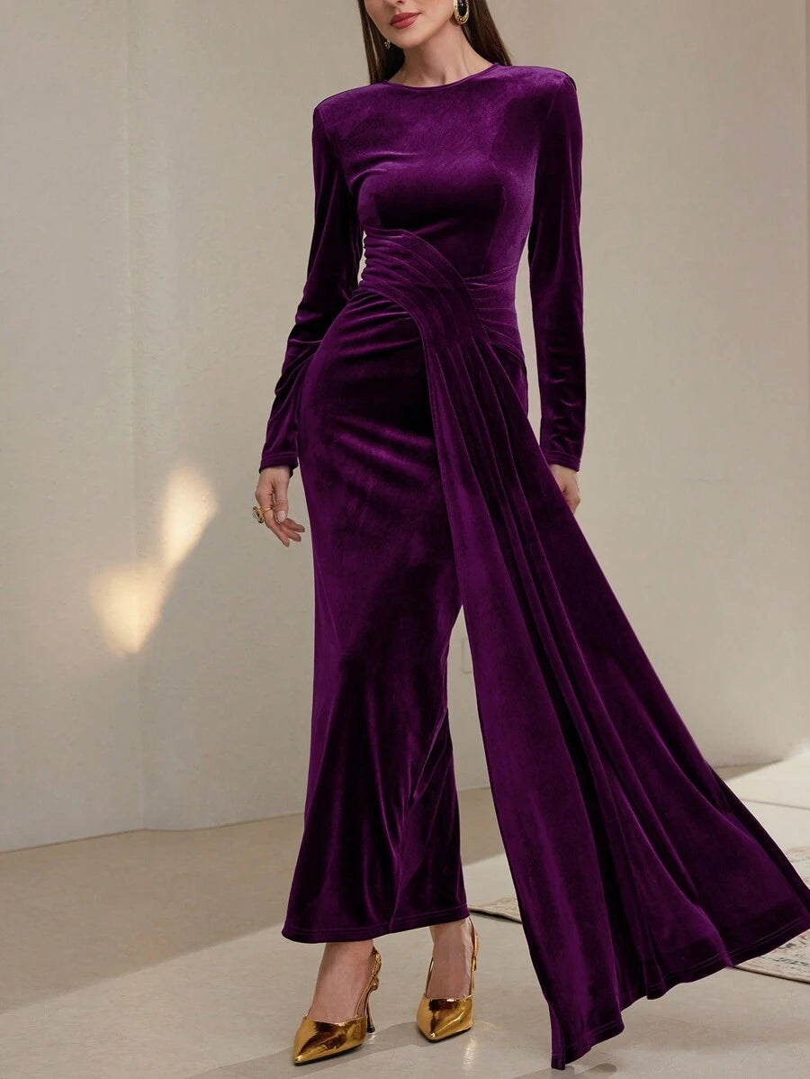 SHEIN Modely 1 قطعة فستان أنيق للنساء بلون كامل وياقة دائرية وأكمام طويلة وشريط تركيبي