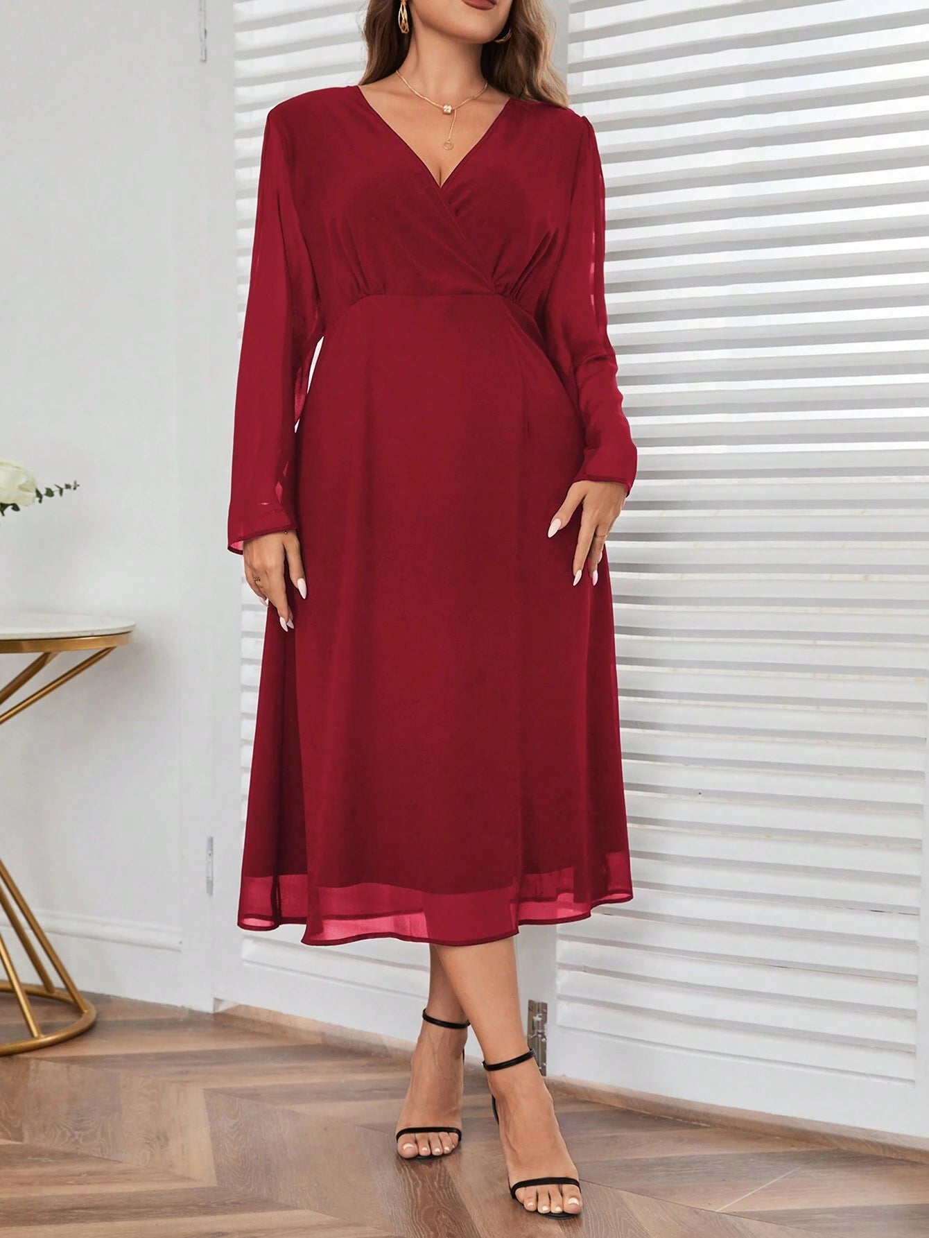 Privé plus Size Wrap Neck Long Sleeve Dress