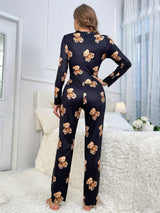Bear Print Lettuce Trim Button Front Sleep Jumpsuit